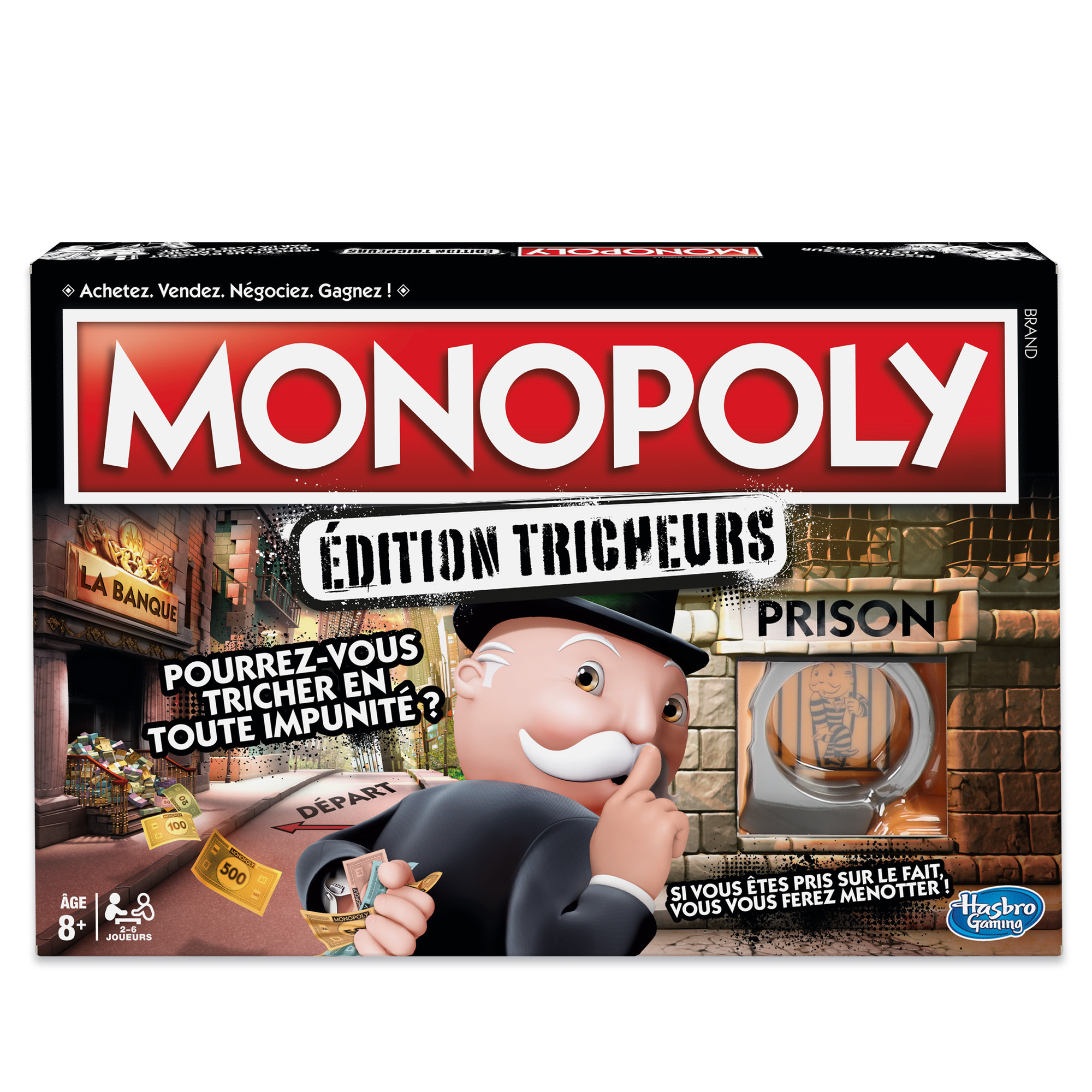 Pudełko gry planszowej Monopoly. Edycja tematyczna. Mężczyzna z wąsami. Obraz celi więziennej.