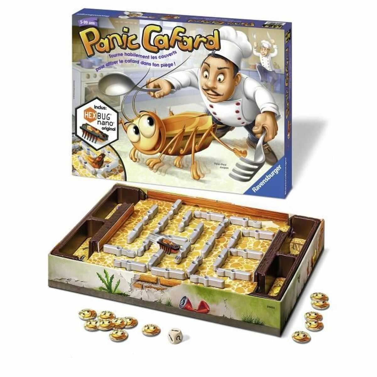 Una scatola di gioco da tavolo e pezzi del gioco su sfondo bianco.