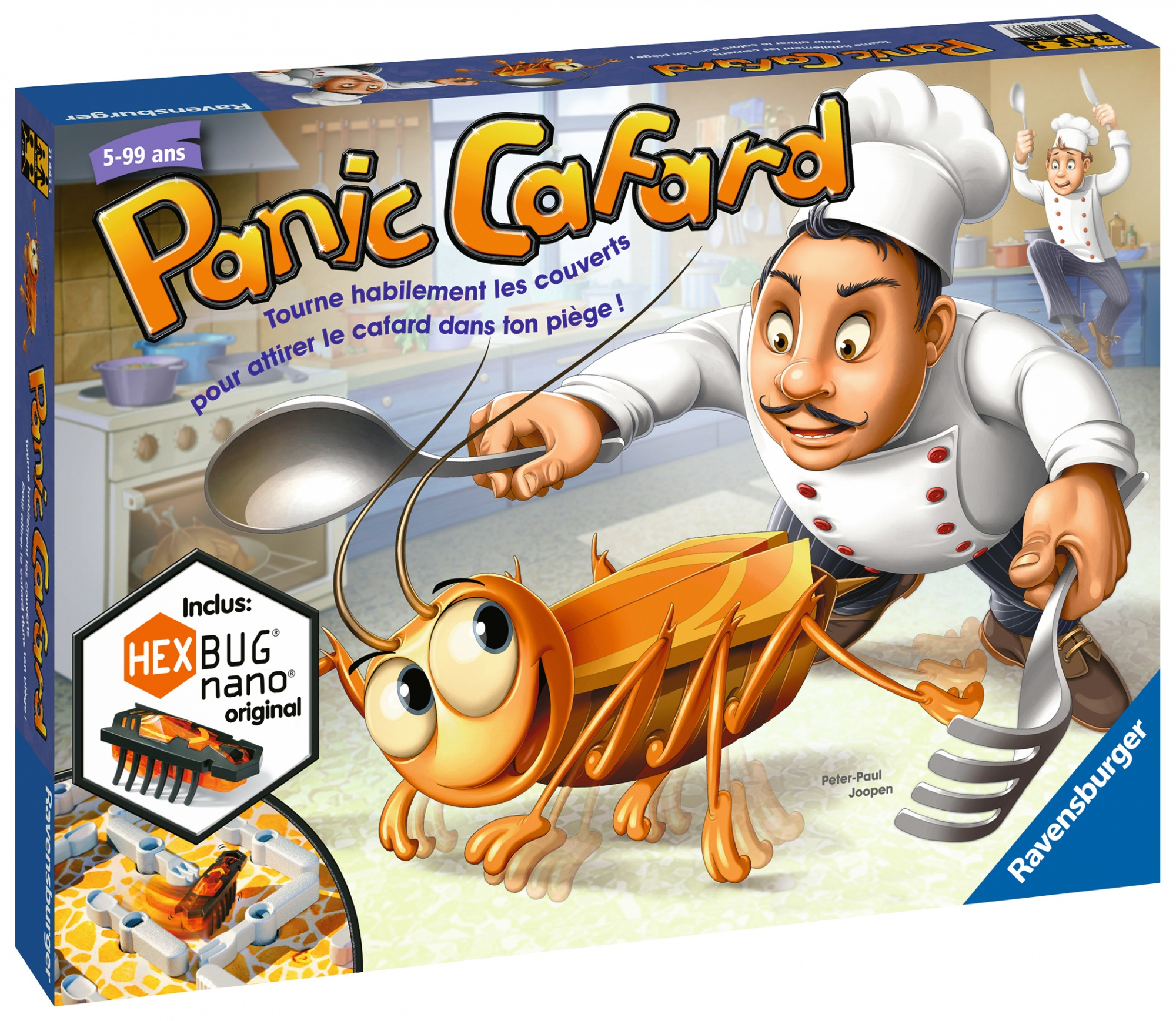 Confezione di un gioco da tavolo chiamato 'Panic Cafard' con uno chef, uno scarafaggio e pezzi del gioco.