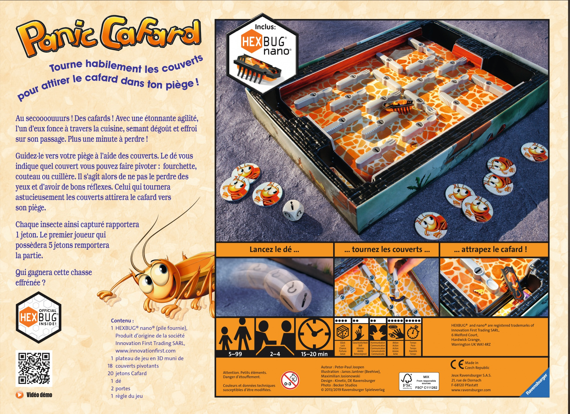 Una scatola di gioco da tavolo e pezzi sono mostrati. Il gioco si chiama Panic Cafard. La scatola ha istruzioni e immagini.