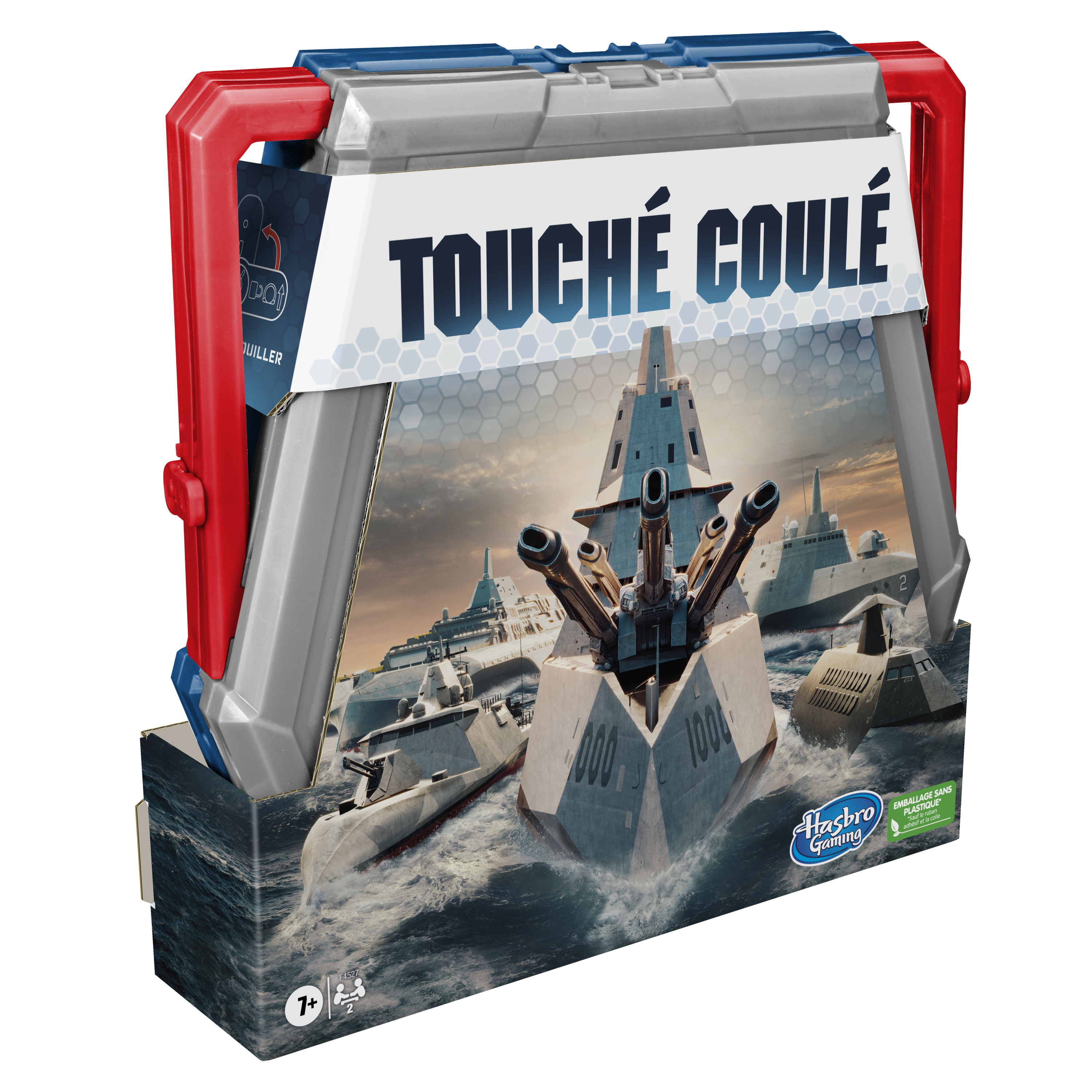 Touche Coule-Spielbox mit Schiffsbildern. Rote und graue Griffe. Das Spiel ist für 7+.