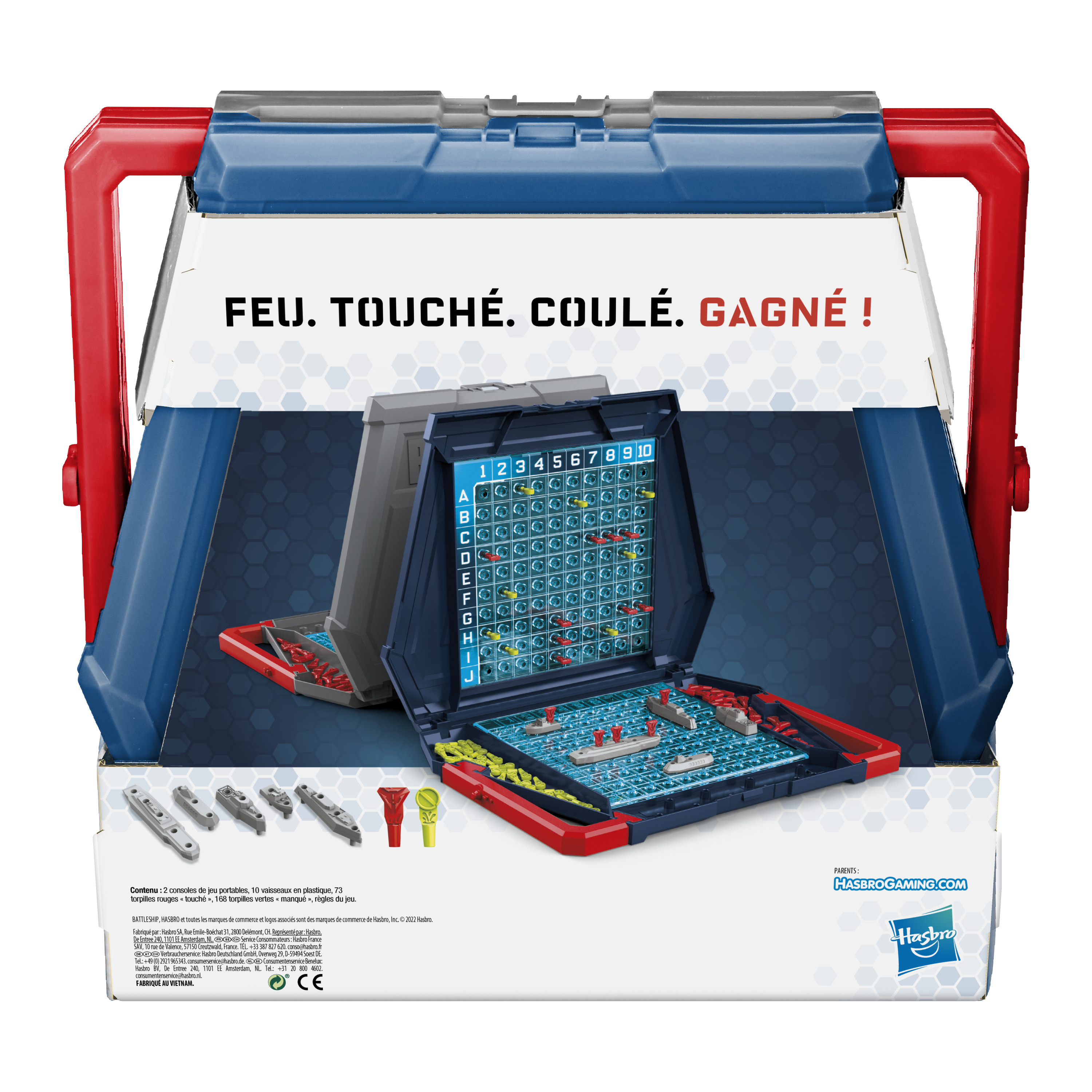 Schlachtschiff-Spielbox mit einem Brett mit Schiffen und einer Kampfarena. Die Box hat rote und blaue Griffe.