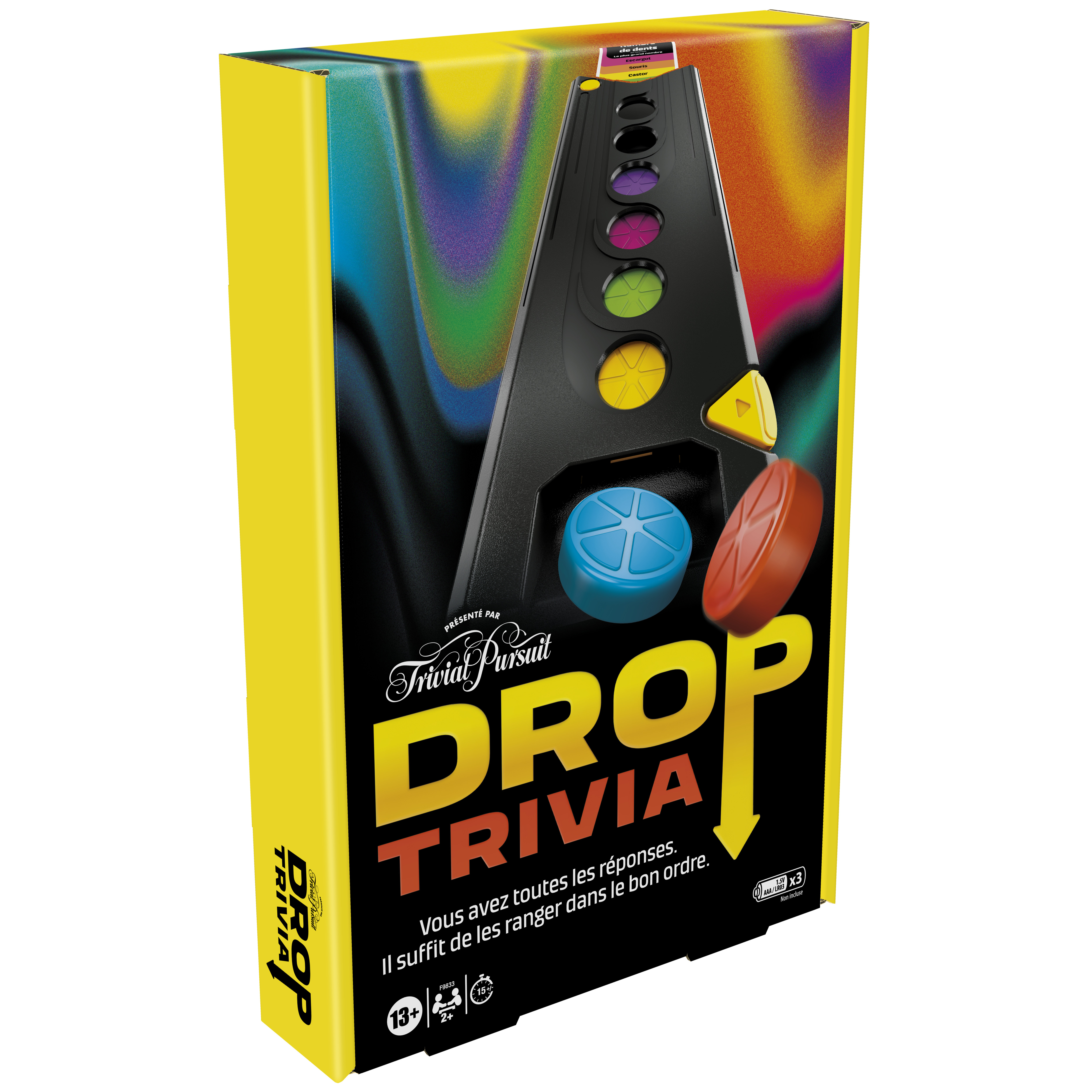 Trivial Pursuit Drop Trivia Spielbox. Schwarzes Spiel mit farbigen Lichtern und farbigen Scheiben.