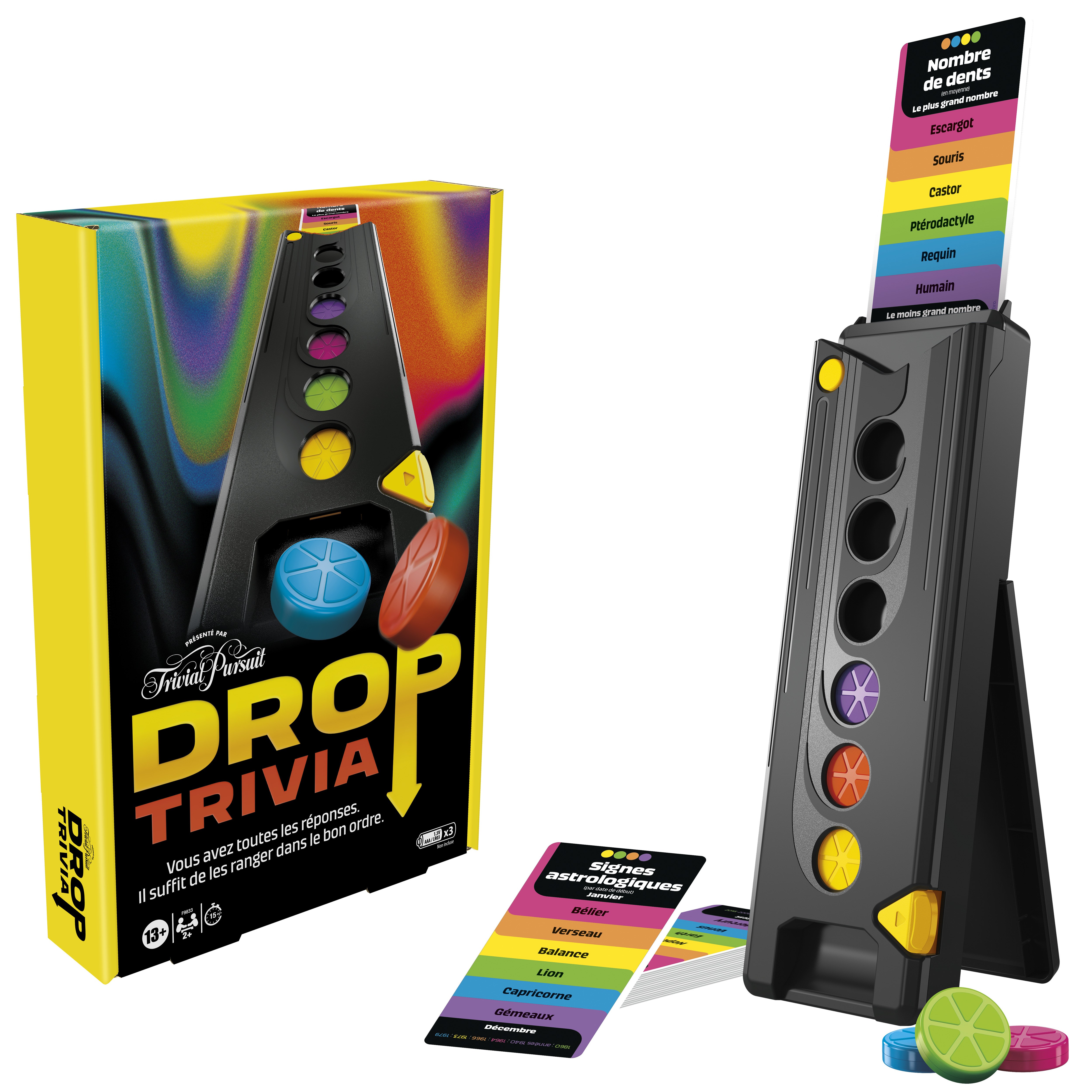 Drop Trivia Spielbox und Aufbau. Ein schwarzer Ständer mit farbigen Löchern und Karten. Bunte Spielsteine liegen unten.