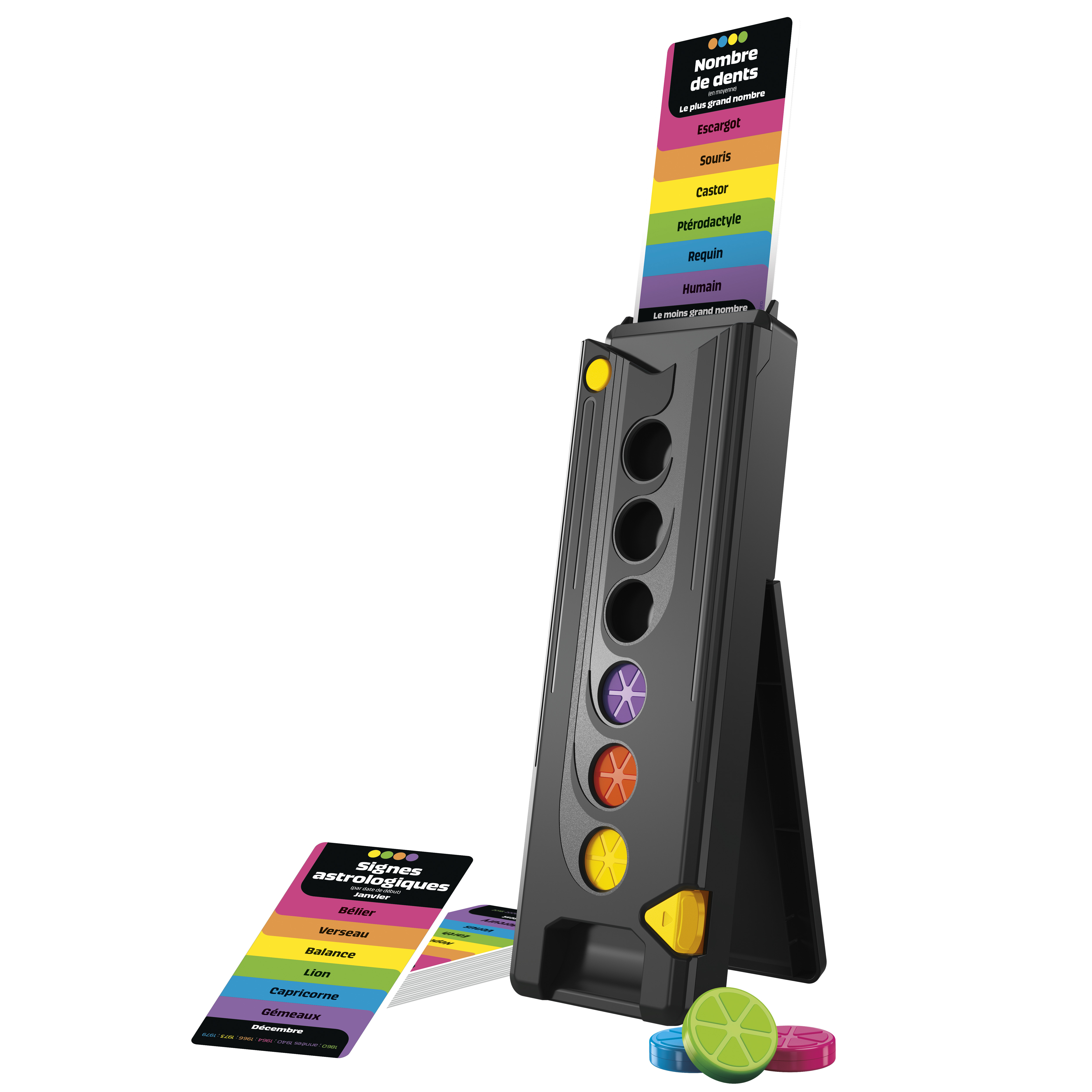Drop Trivia Spielaufbau. Ein schwarzer Ständer mit farbigen Löchern und Karten. Bunte Spielsteine liegen unten.