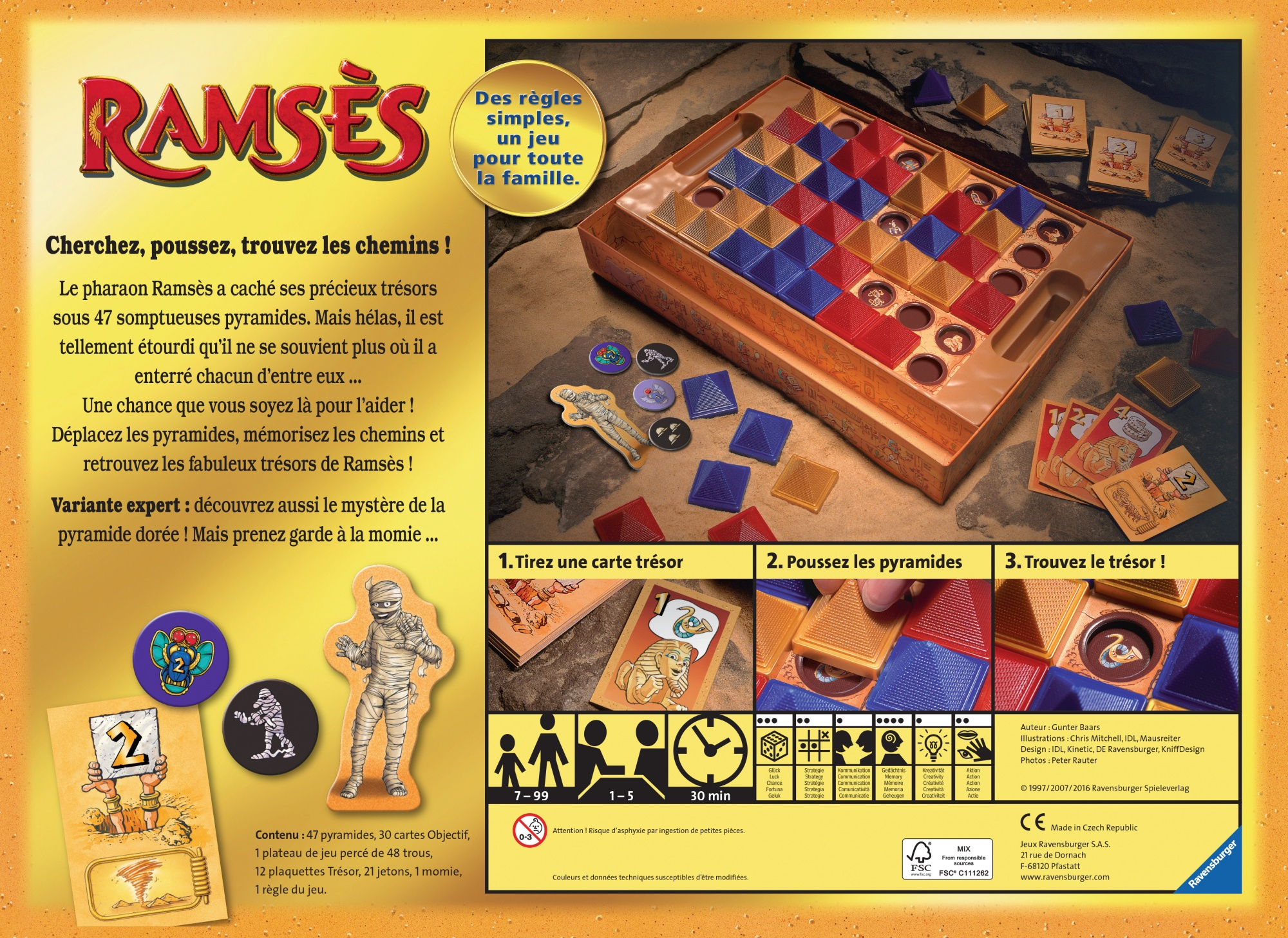 Tył pudełka gry Ramses pokazujący planszę, instrukcje i elementy gry. Widoczne są karty i piramidy.