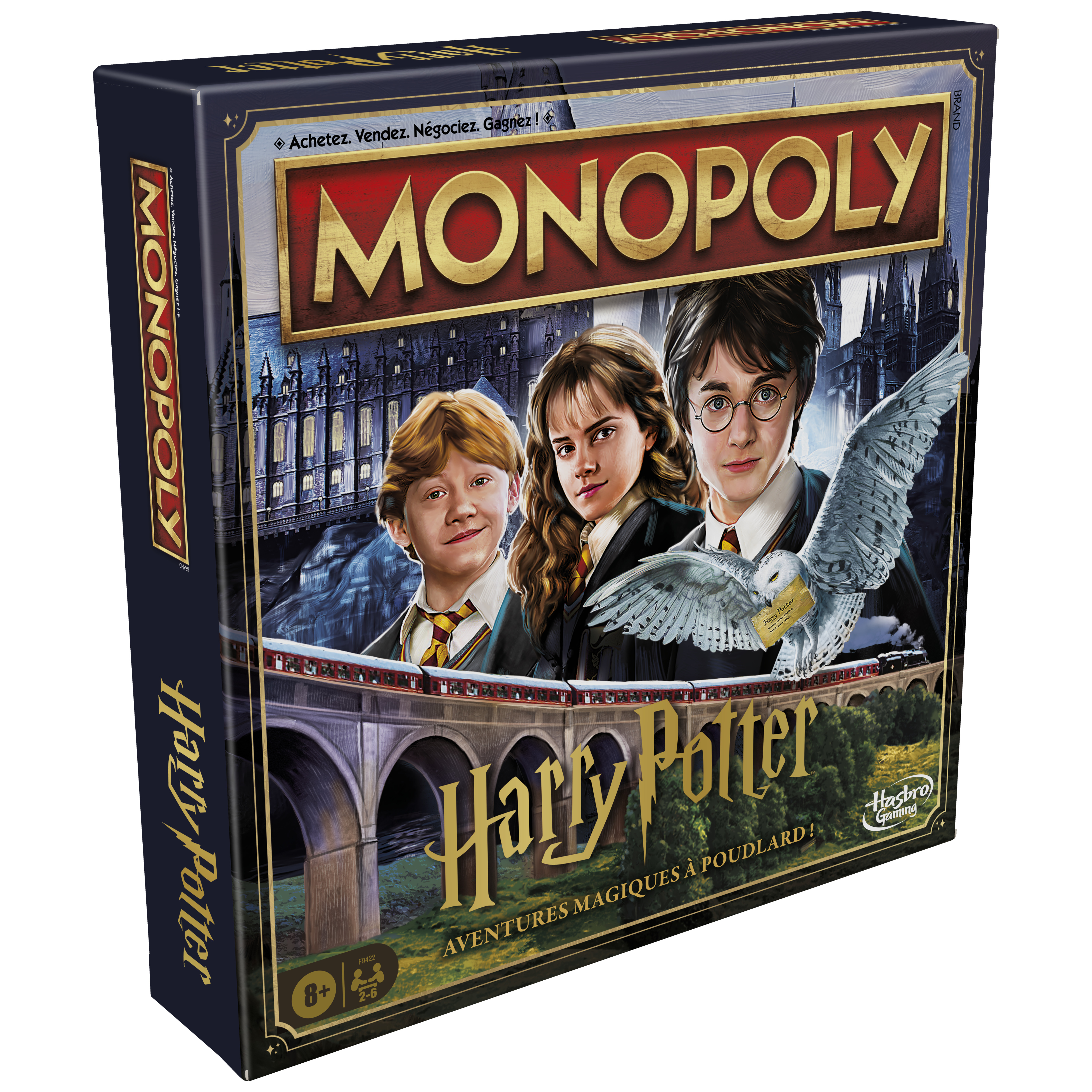 Pudełko Monopoly Harry Potter. Przedstawia Harry'ego, Rona, Hermionę i sowę śnieżną na moście.
