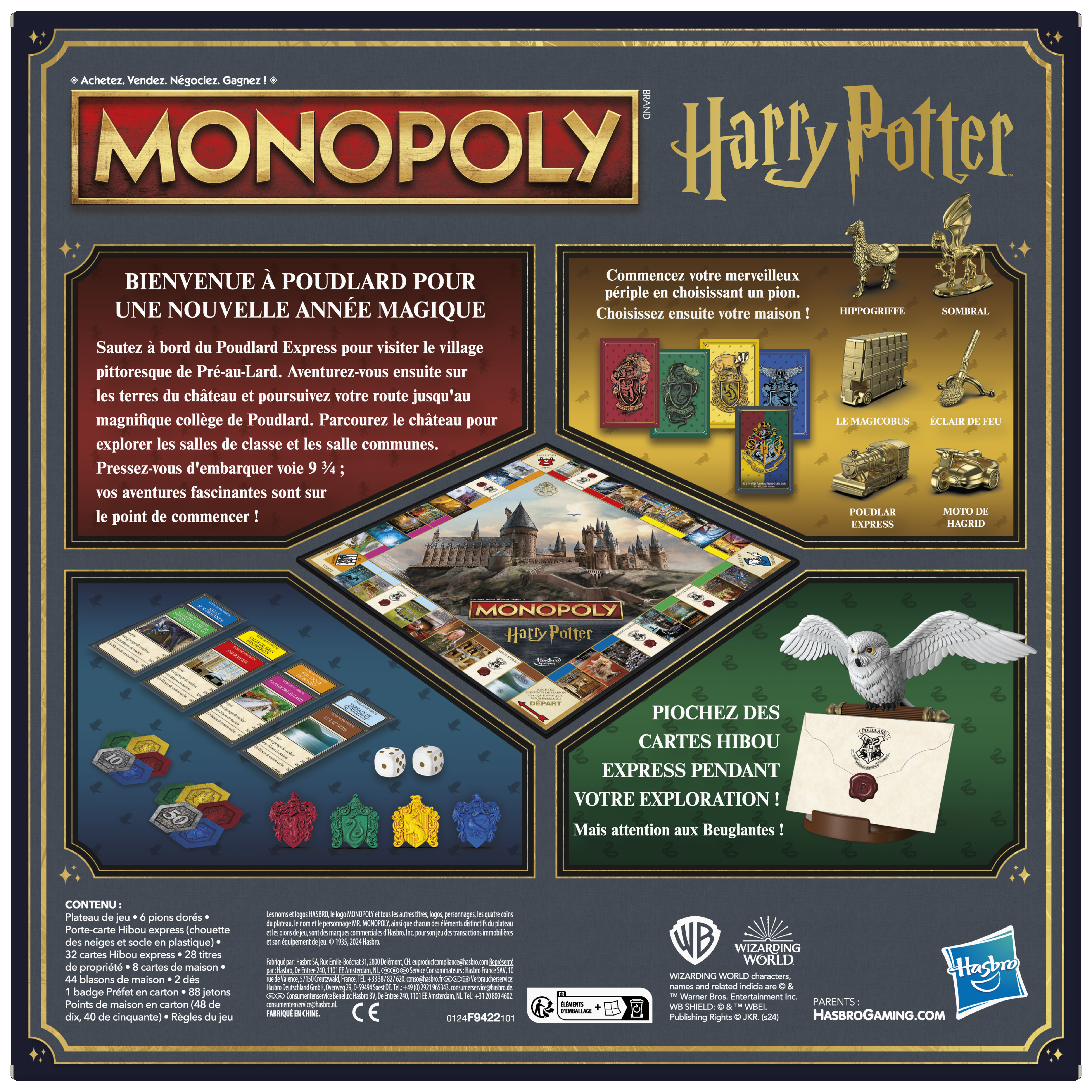 Pudełko gry planszowej Monopoly Harry Potter. Tył gry planszowej z domami, kostkami i kartami.