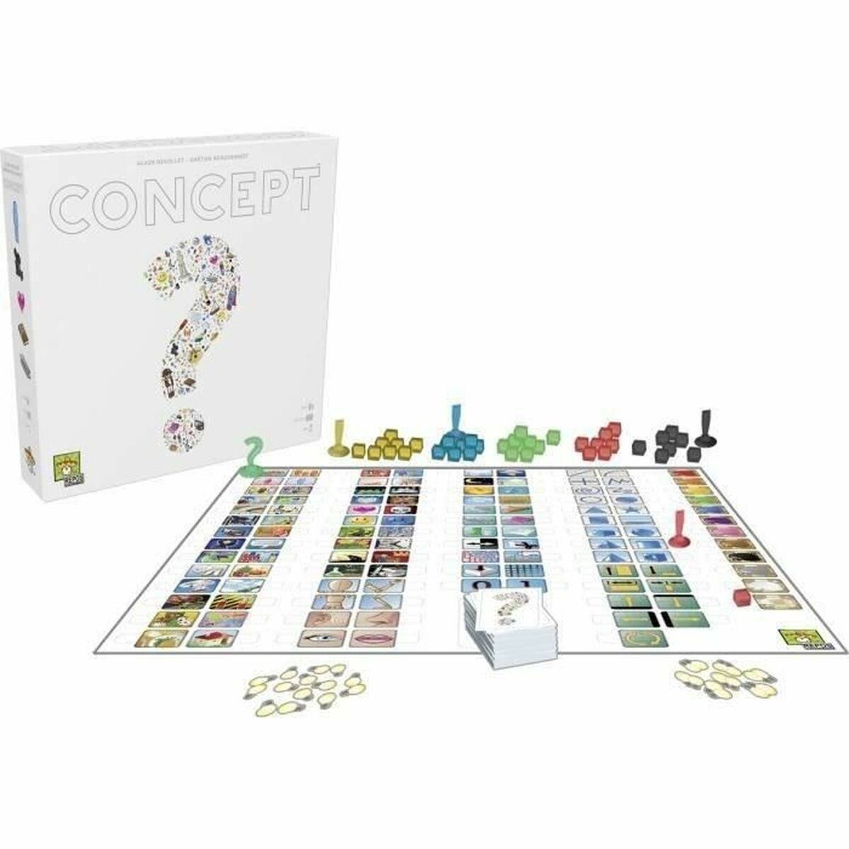 L'allestimento del gioco da tavolo Concept. Il tabellone, le carte e i pezzi del gioco sono disposti. Una scatola bianca è a lato.