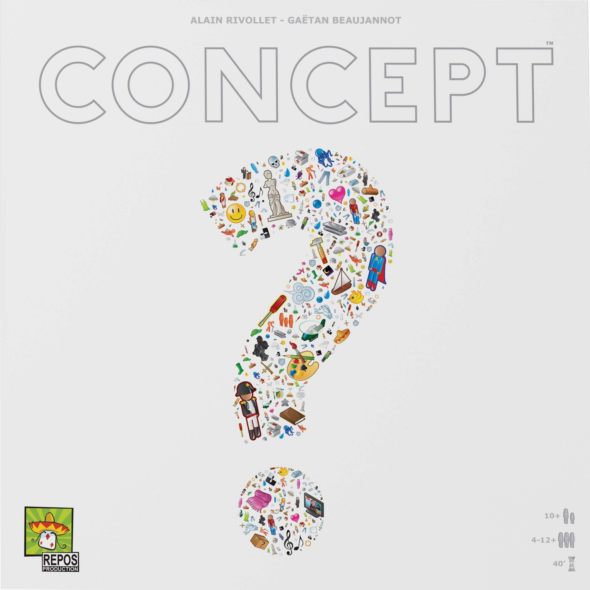 Scatola del gioco da tavolo Concept. Un grande punto interrogativo composto da varie icone su sfondo bianco.