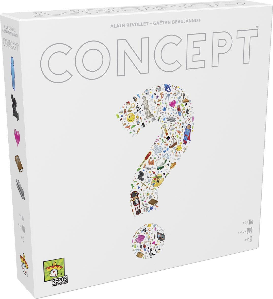 Scatola del gioco da tavolo Concept. Raffigura un punto interrogativo composto da varie icone su sfondo bianco.