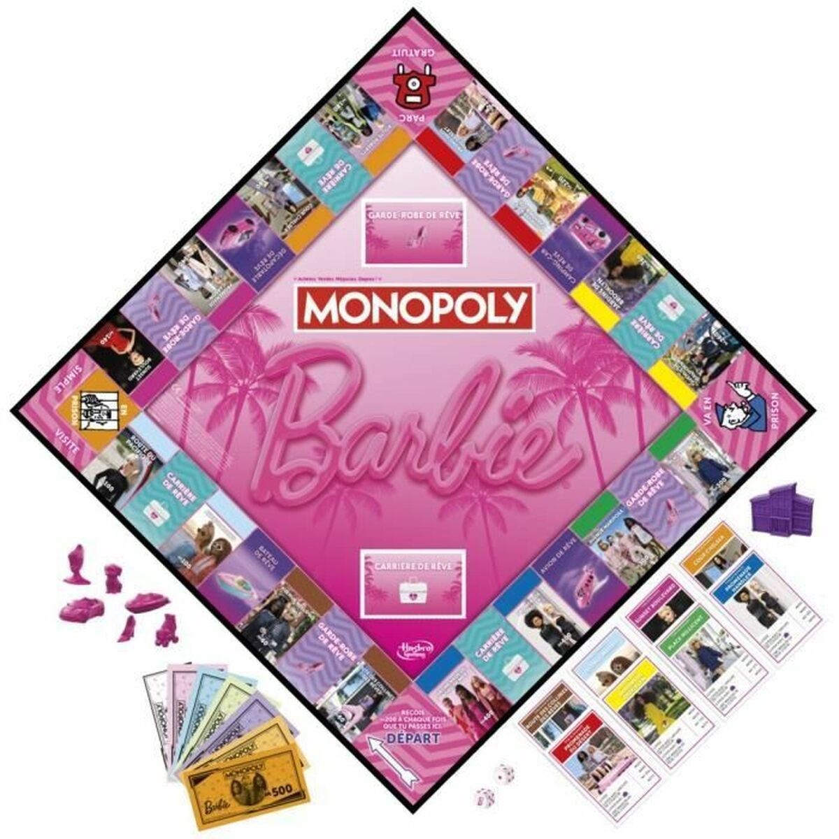 Gra planszowa Barbie Monopoly. Różowa plansza, elementy, karty, kostki i ikony Barbie.