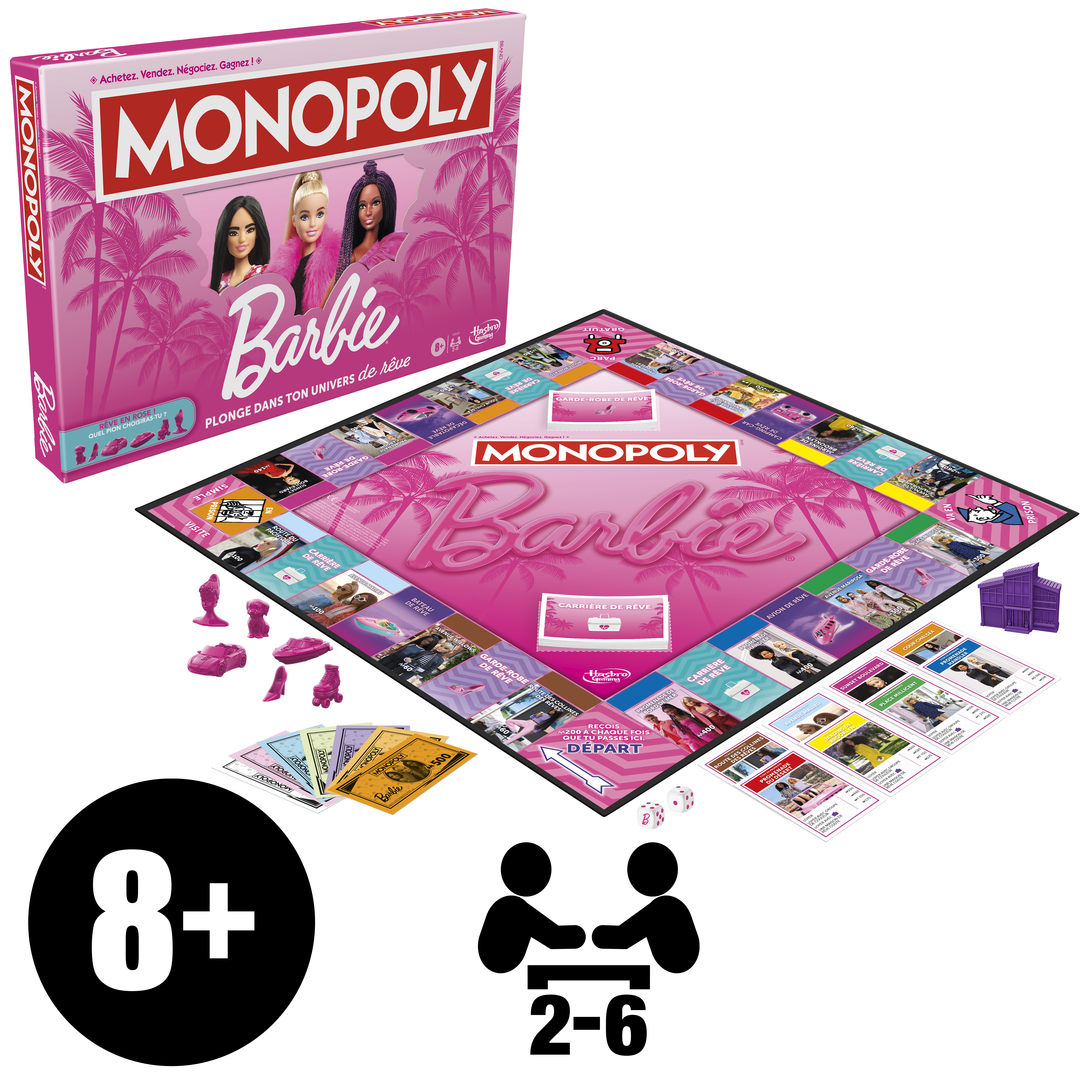 Pudełko i plansza do gry Monopoly Barbie. Lalki Barbie i różowy motyw. Tekst: Monopoly Barbie.