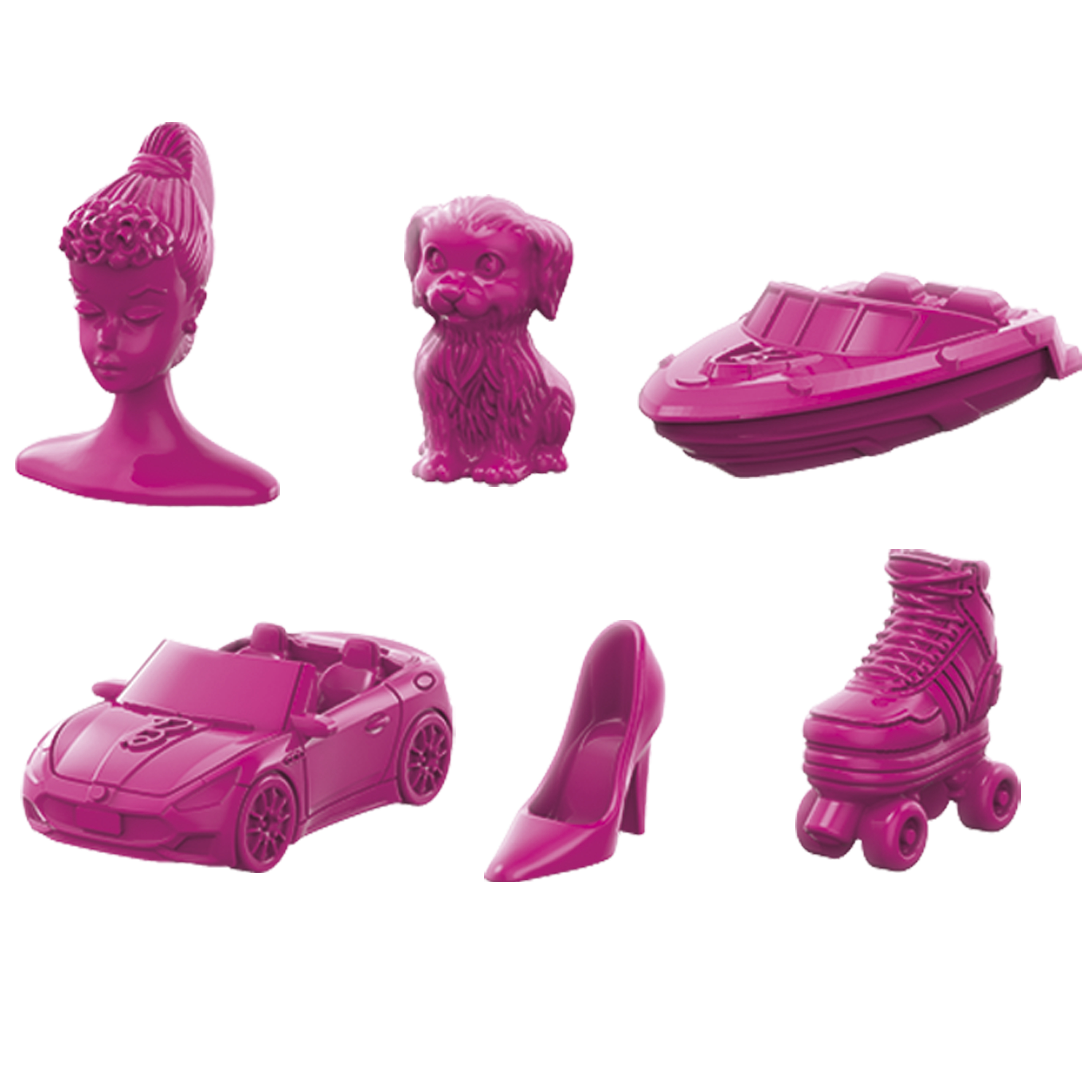 Różowe elementy gry Barbie: głowa, pies, łódź, samochód, szpilka i rolka są wyświetlane.