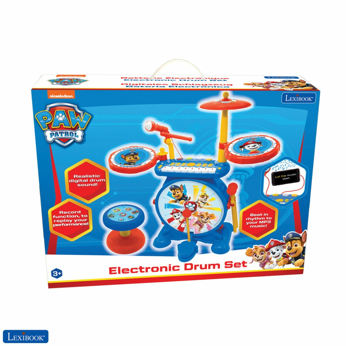 Elektroniczny zestaw perkusyjny Paw Patrol w pudełku. Postacie Paw Patrol i szczegóły na pudełku.