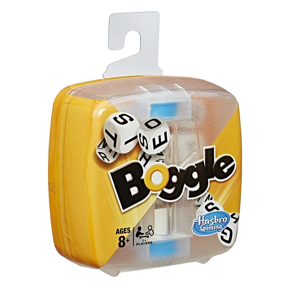 Gra Boggle w pudełku. Litery na kostkach. Tekst: Ages 8+, 1+ graczy. Logo Hasbro Gaming.