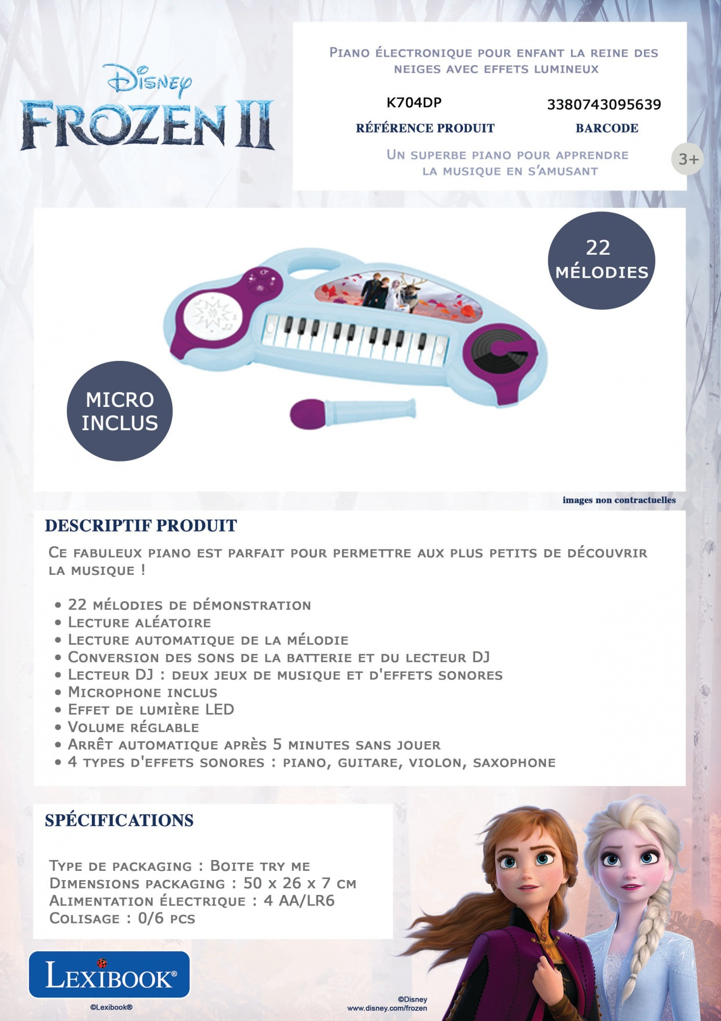 Zabawkowy pianino elektroniczne Frozen II. Niebiesko-fioletowy design. Tekst: 22 melodie. Mikrofon w zestawie.