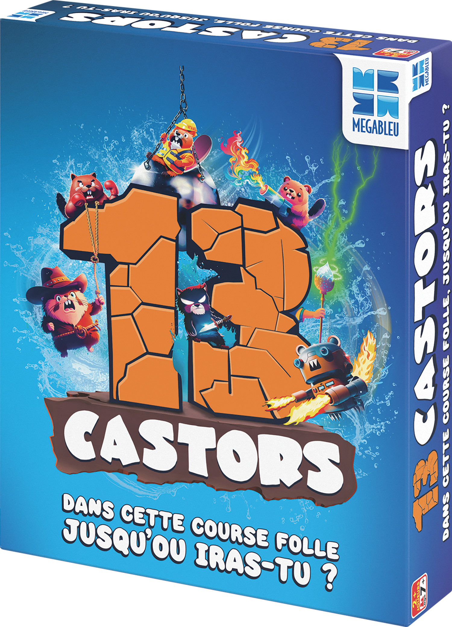 Schachtel des Brettspiels 13 Castors. Biber auf der Schachtel. Text: Dans cette course folle.