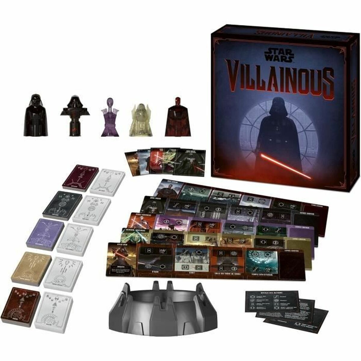 Inhoud van het Star Wars Villainous bordspel: figuren van personages, kaarten, spelbord en doos met Darth Vader.