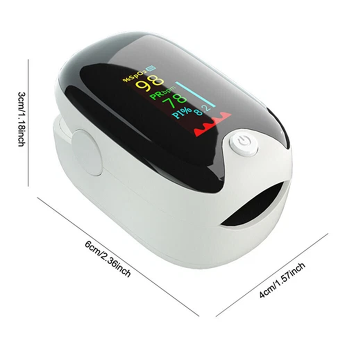Ein Pulsoximeter, weiß und schwarz, mit Abmessungen in Zoll und Zentimetern.