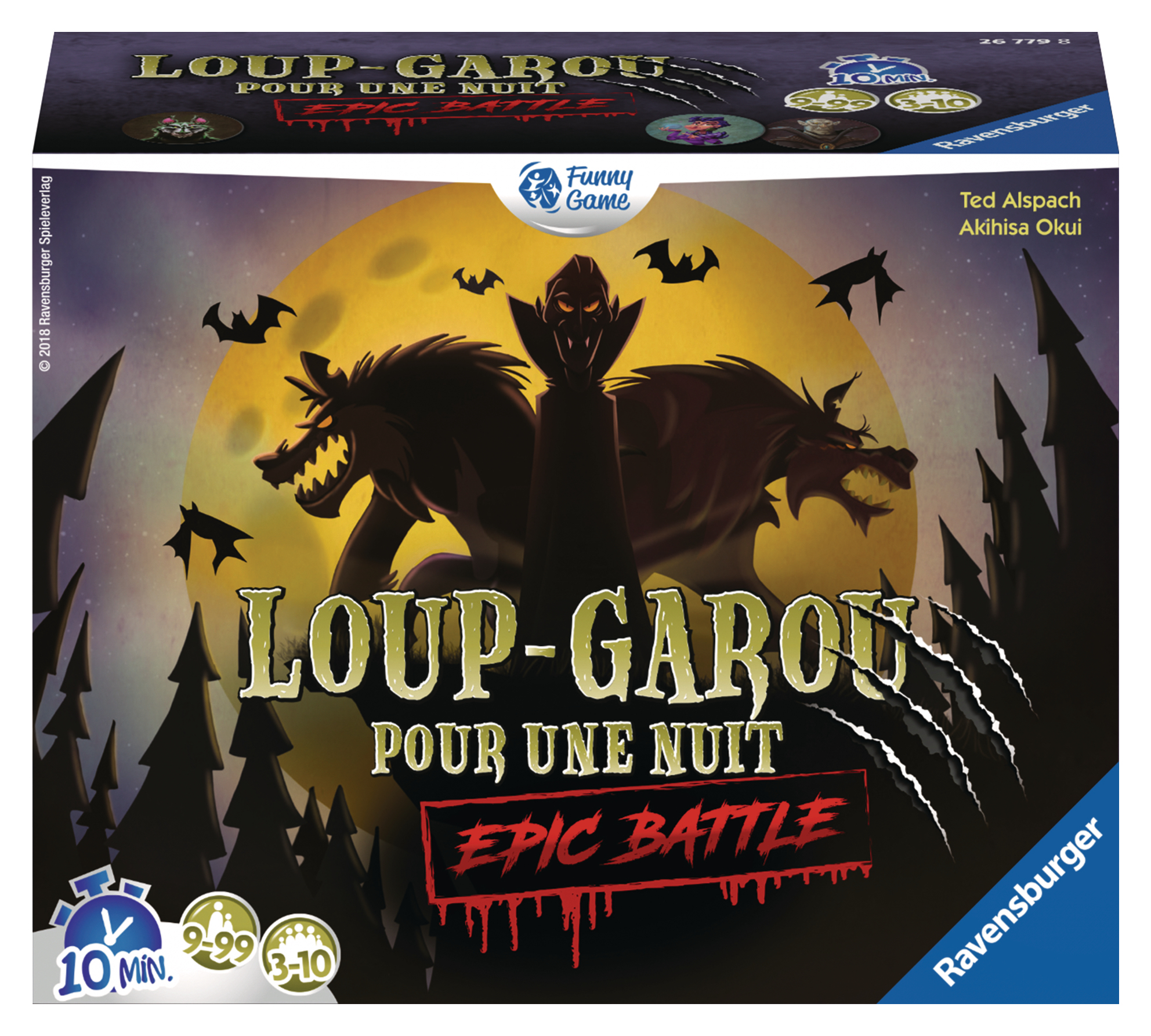 Scatola del gioco Loup-Garou. Un lupo mannaro è in piedi di fronte a una luna nella notte. I pipistrelli volano.