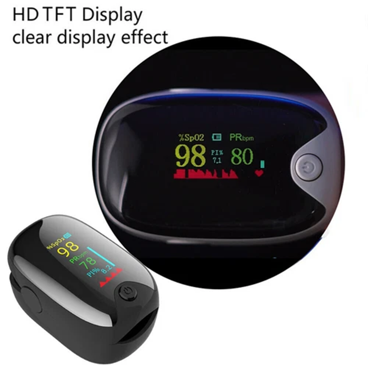 Ein schwarzes Pulsoximeter mit SpO2- und Herzfrequenzanzeige auf dem HD-TFT-Display.