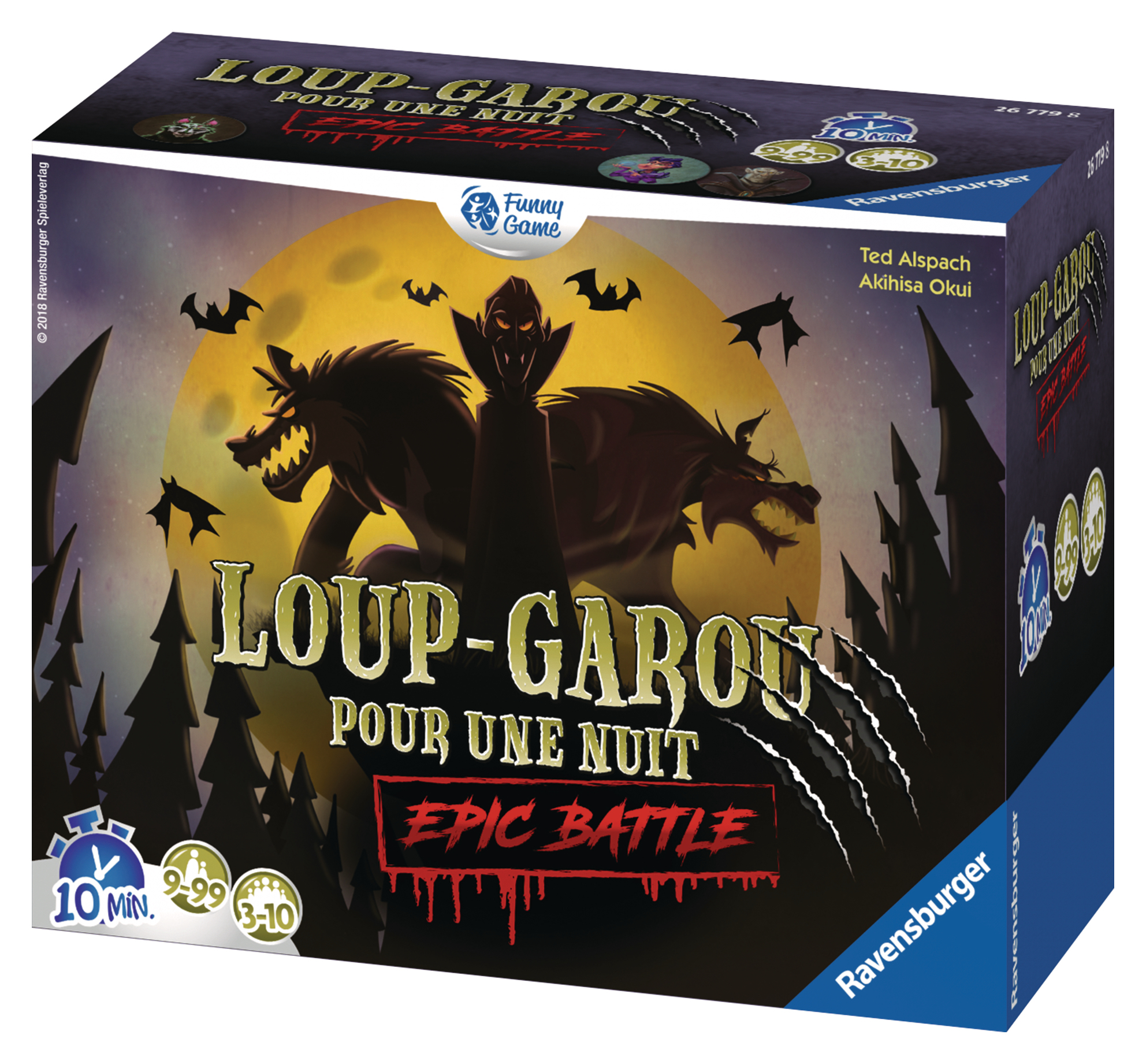 Scatola del gioco Loup-Garou. Un lupo mannaro è in piedi di fronte a una luna nella notte. I pipistrelli volano.