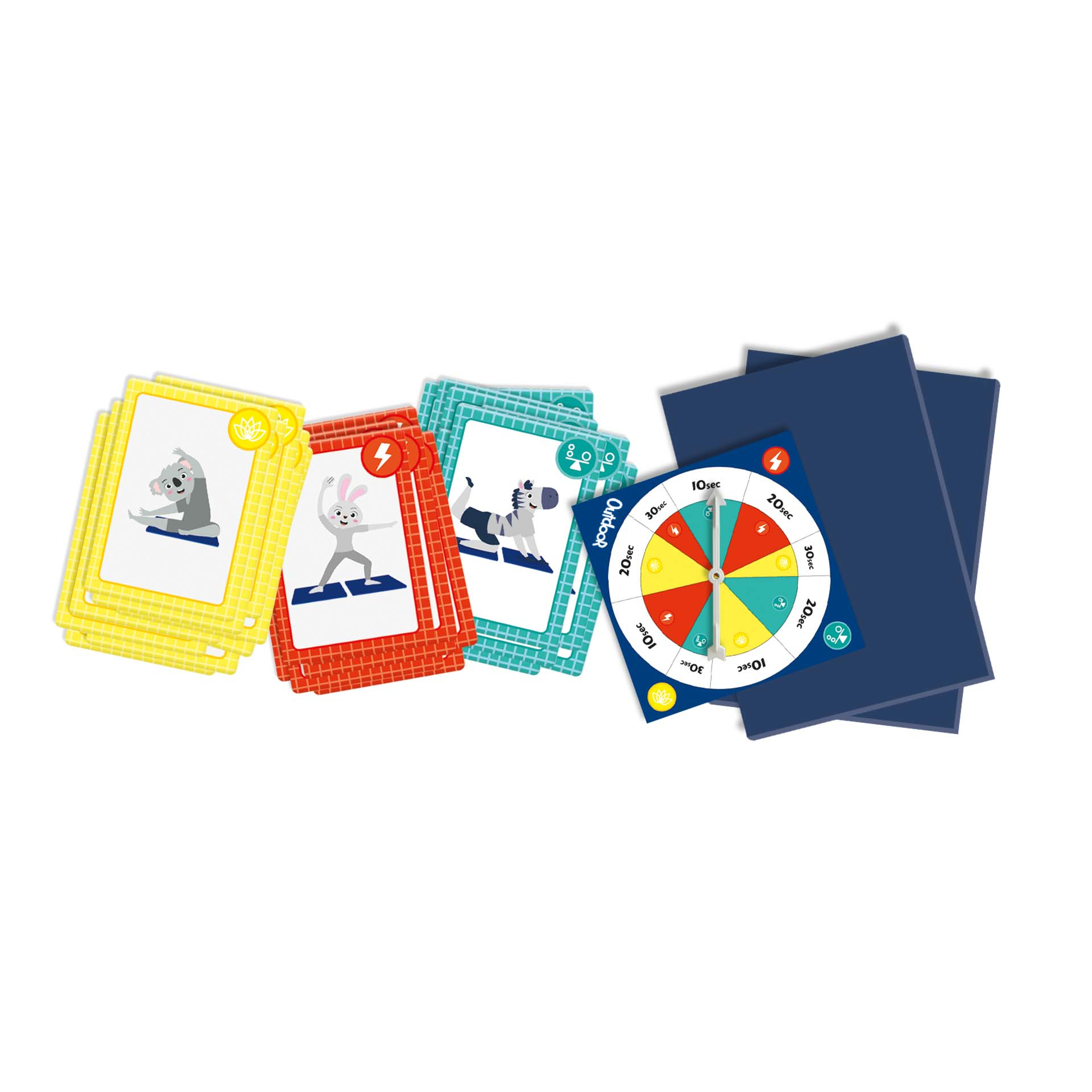 Gioco Animal Yoga: carte con pose yoga, una trottola e un mazzo di carte. Le carte raffigurano animali.