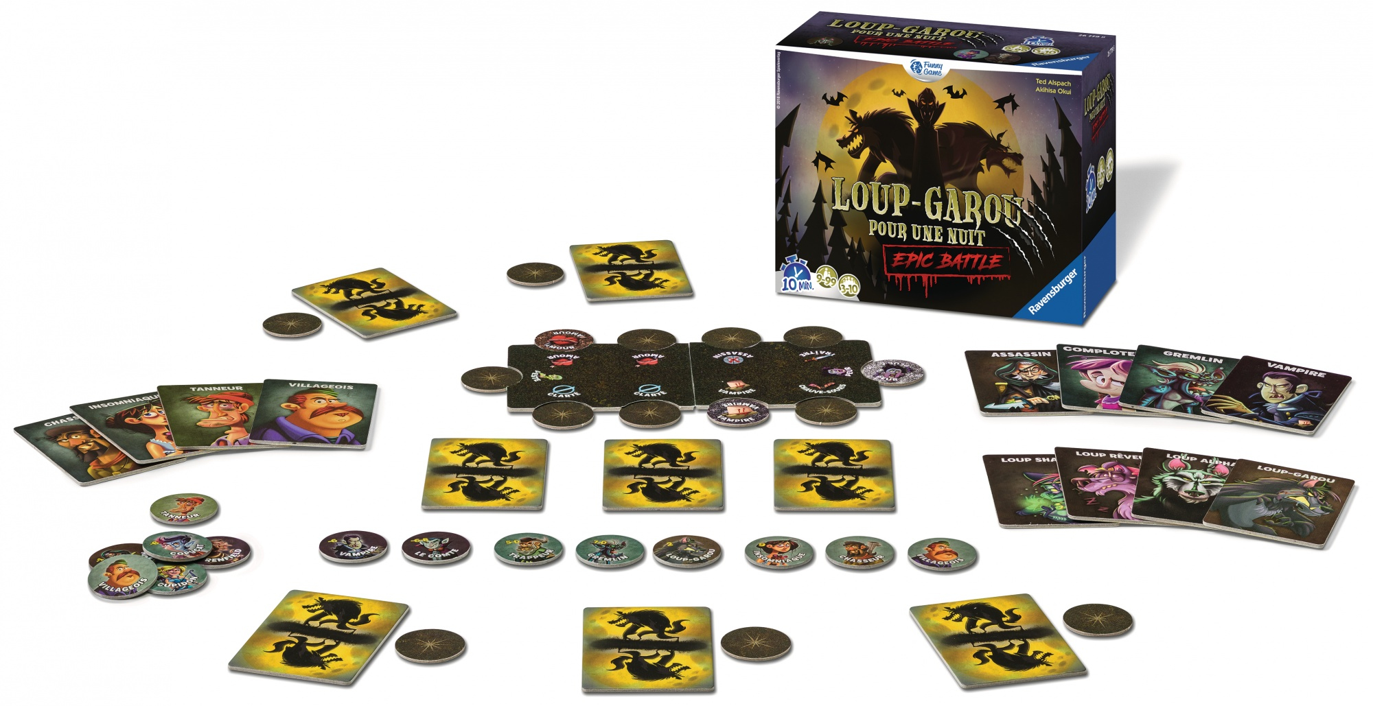Set di gioco da tavolo Loup-Garou. Carte e gettoni su un tavolo, raffiguranti lupi mannari e altri personaggi.