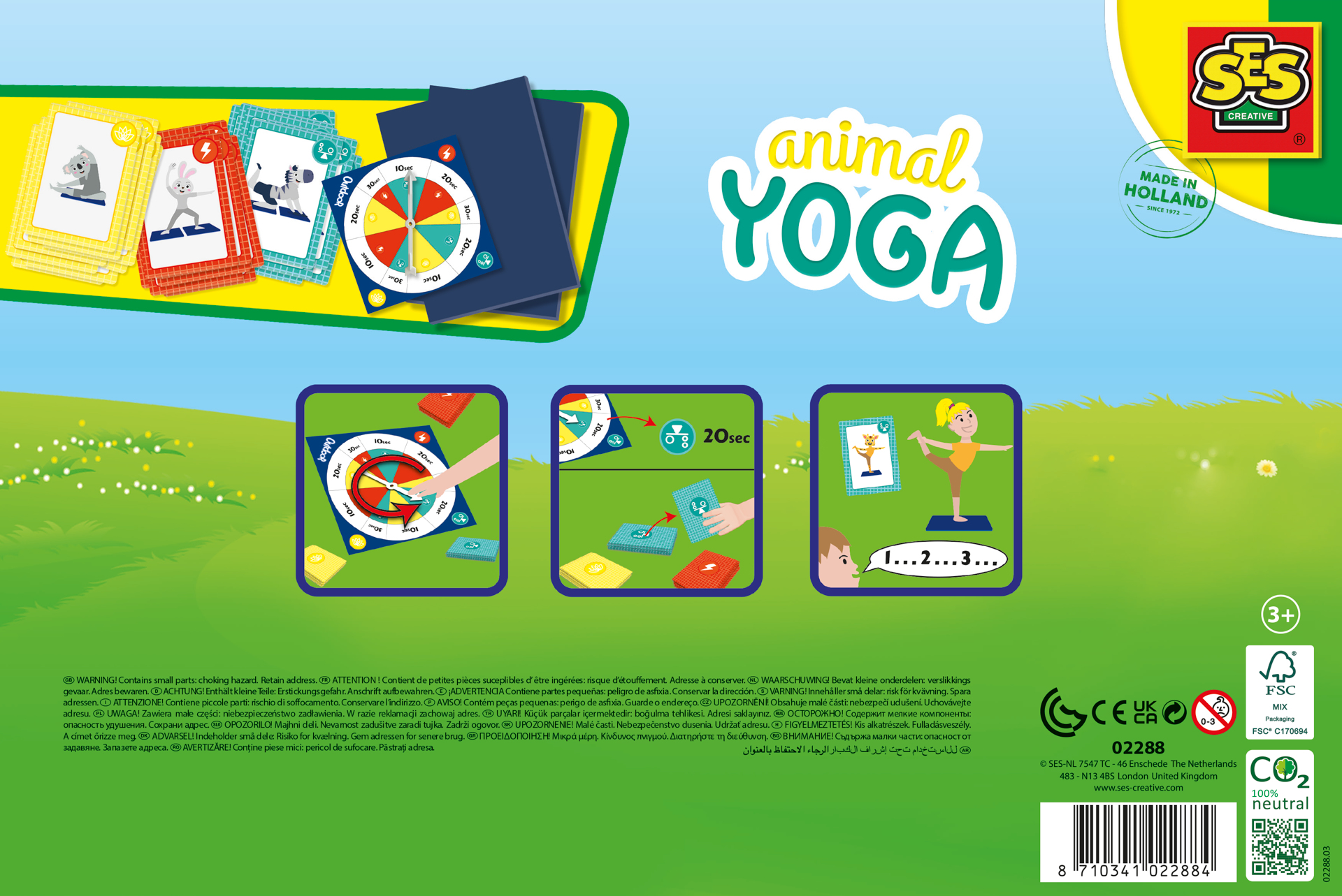 Retro della scatola del gioco Animal Yoga, che mostra le istruzioni e le illustrazioni delle pose yoga degli animali.