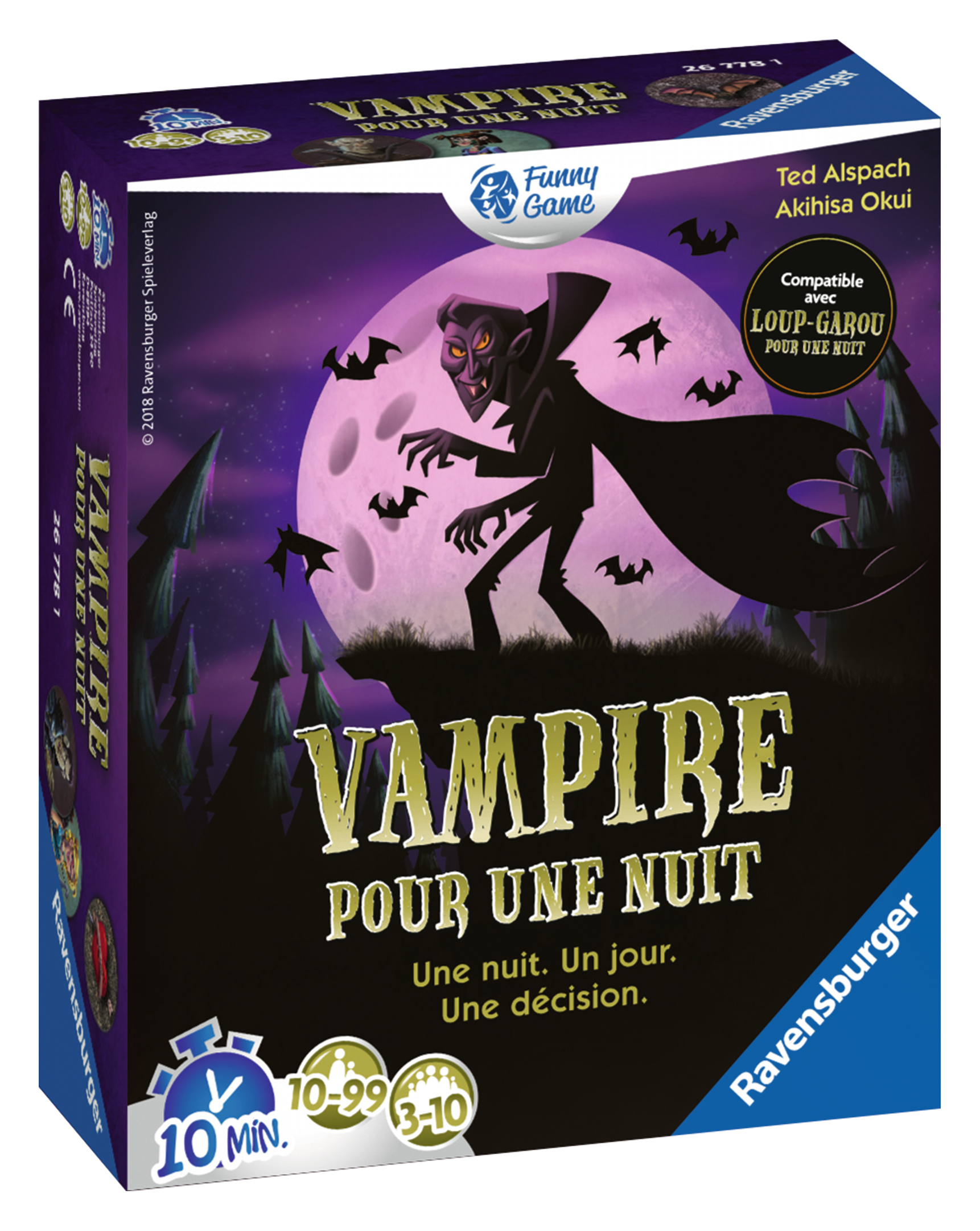 Scatola del gioco Vampire. Un vampiro è sulla parte anteriore della scatola. La scatola ha uno sfondo viola.