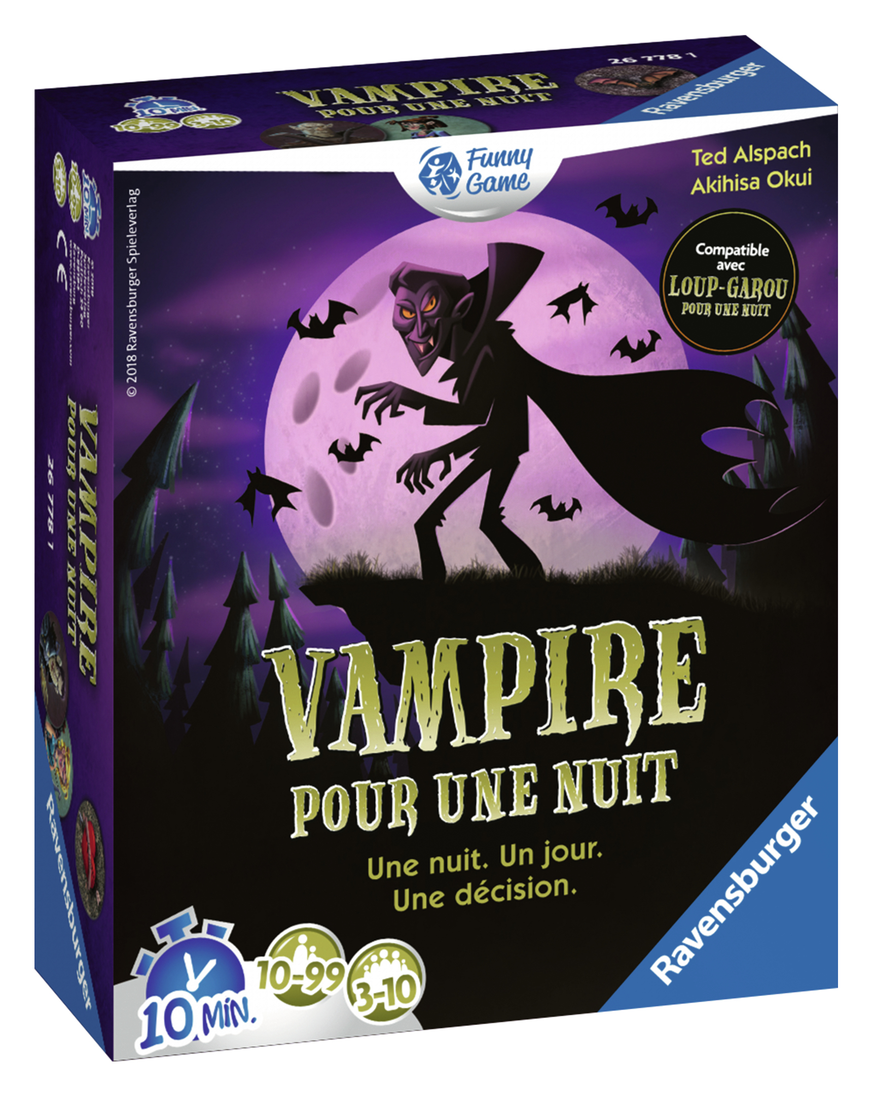 Scatola del gioco Vampire. Un vampiro è sulla parte anteriore della scatola. La scatola ha uno sfondo viola.