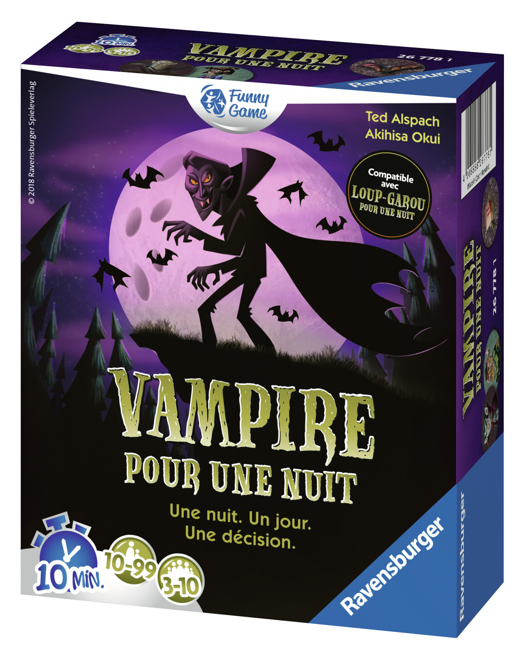 Scatola del gioco Vampire. Un vampiro è sulla parte anteriore della scatola. La scatola ha uno sfondo viola.