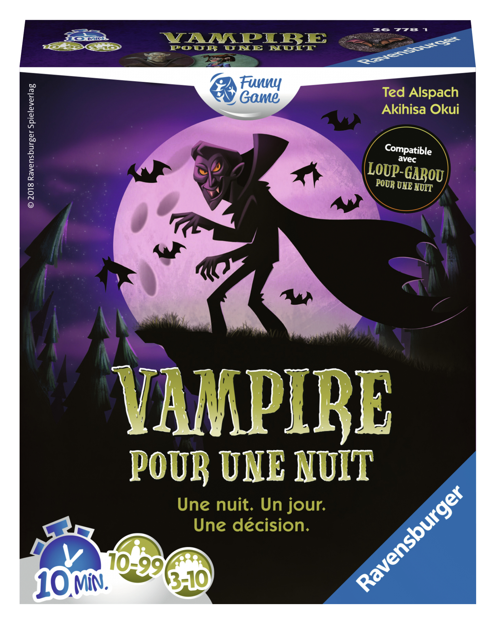 Scatola del gioco Vampire. Un vampiro è sulla parte anteriore della scatola. La scatola ha uno sfondo viola.