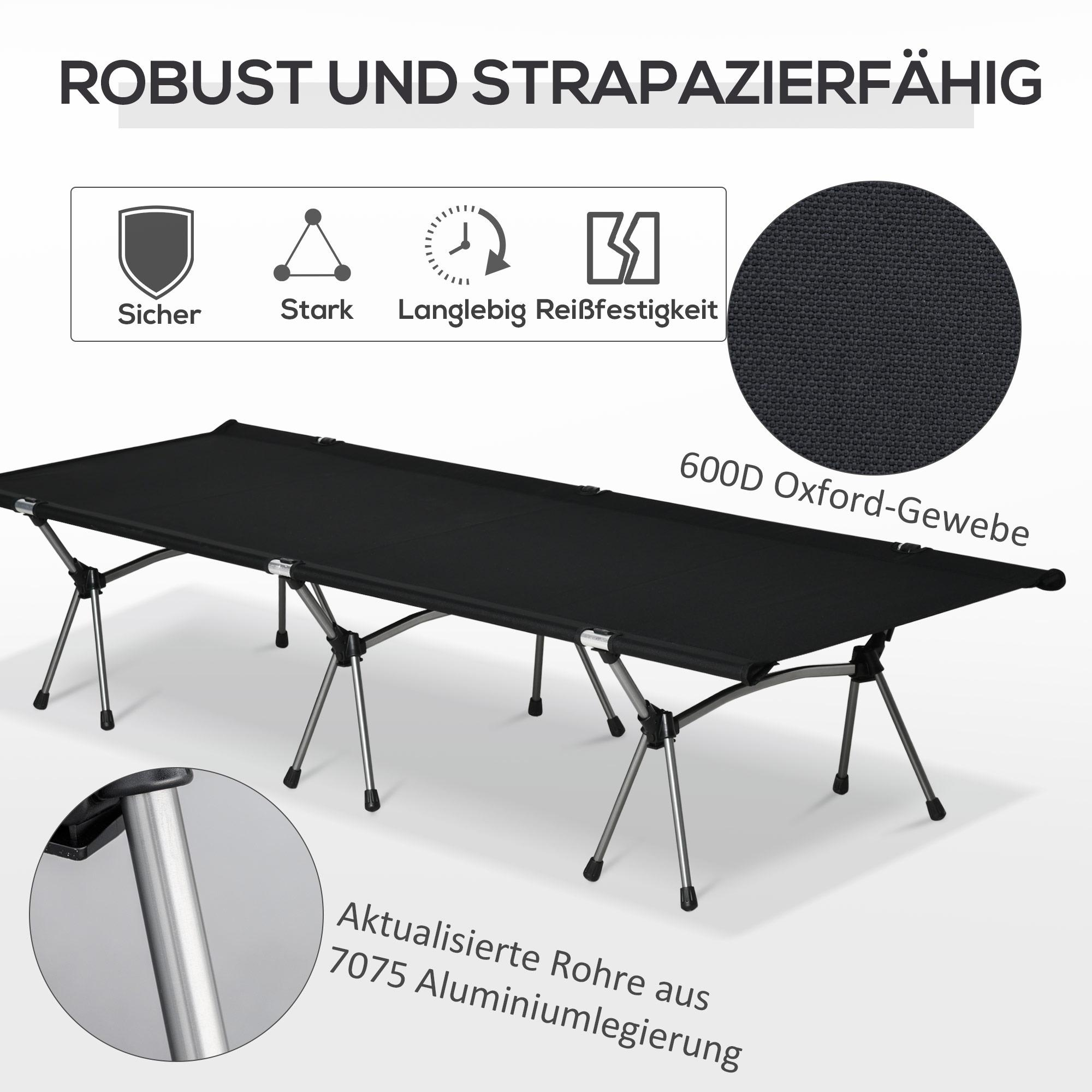 Schwarzes Klappbett mit silbernen Beinen. Text-Overlay zeigt 'Robust und Strapazierfähig' und '600D Oxford-Gewebe'.