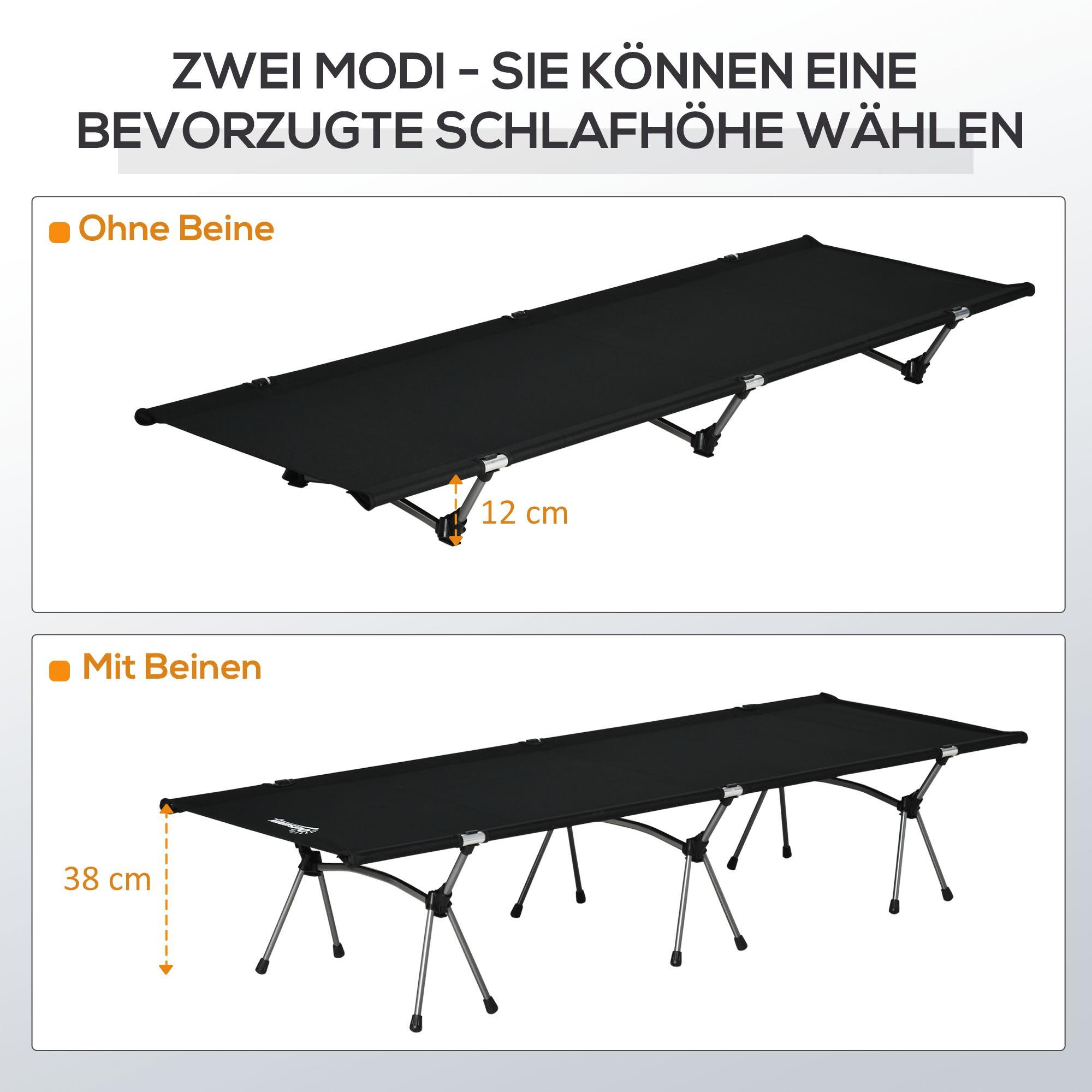 Zwei Bilder einer schwarzen Campingliege. Eines hat Beine, das andere nicht, was die Höhenunterschiede zeigt.