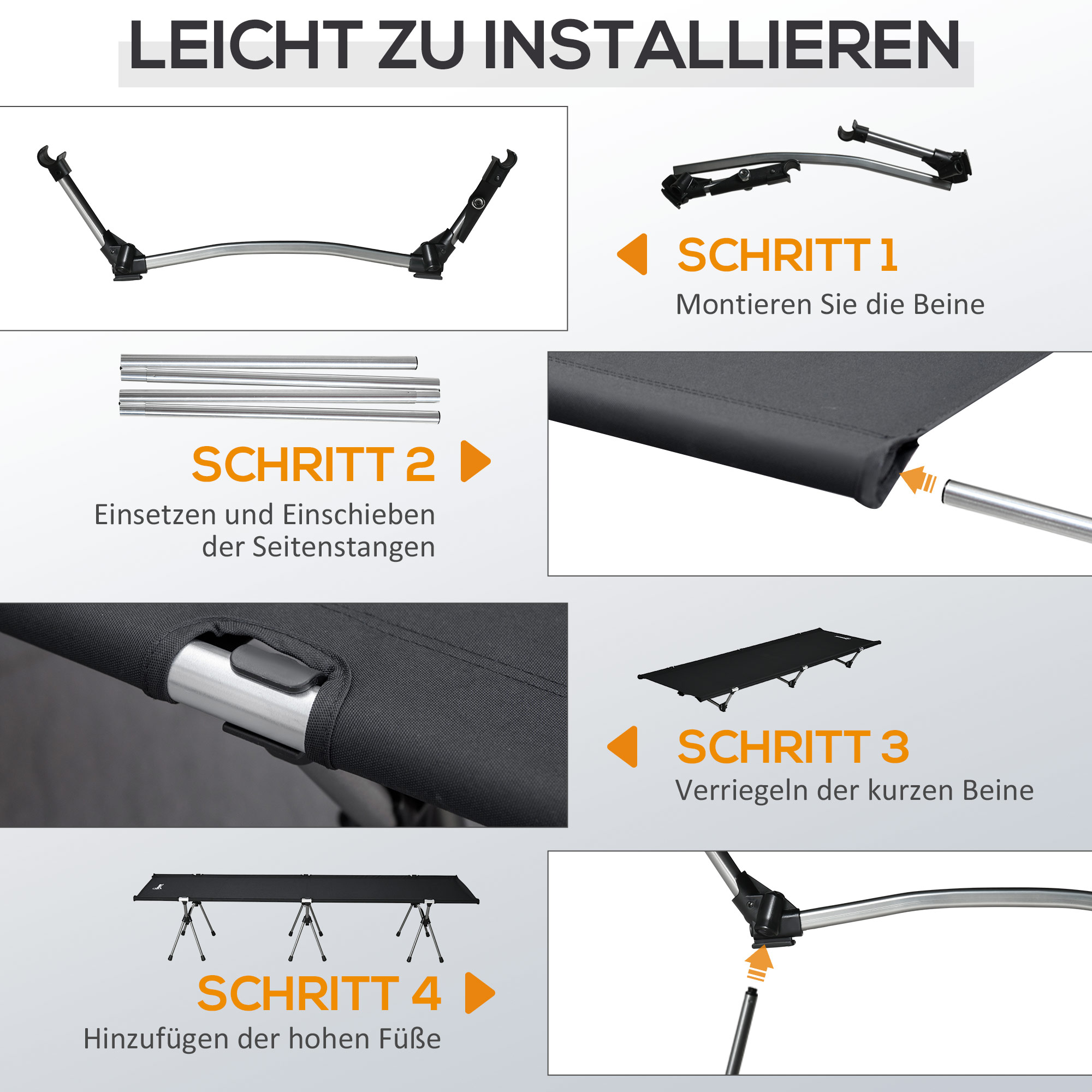 Anleitungsbilder, die den Aufbau eines Campingbettes zeigen. Beinhaltet die Beine, den Rahmen und die Stoffmontage.