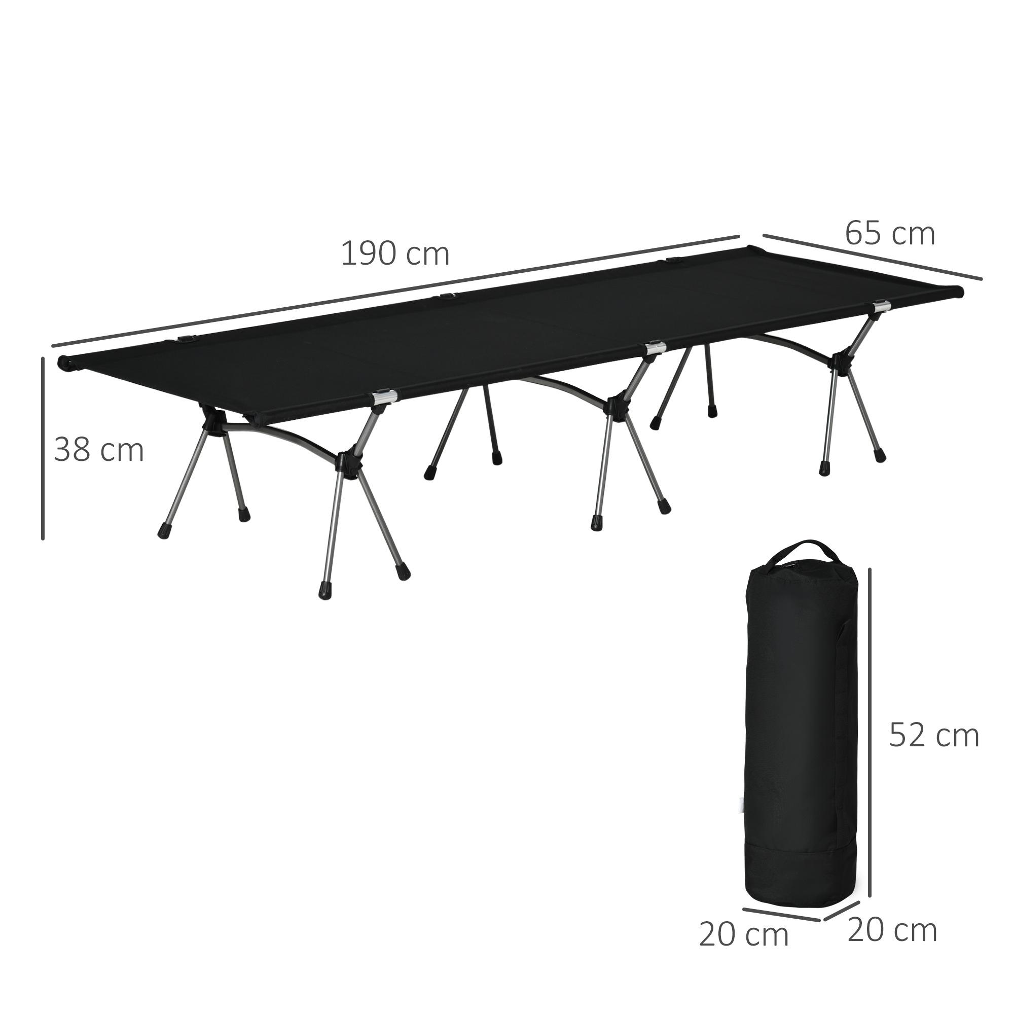 Ein schwarzes Camping-Feldbett mit Abmessungen. Es ist 190 cm lang und 65 cm breit. Eine schwarze Tragetasche wird gezeigt.