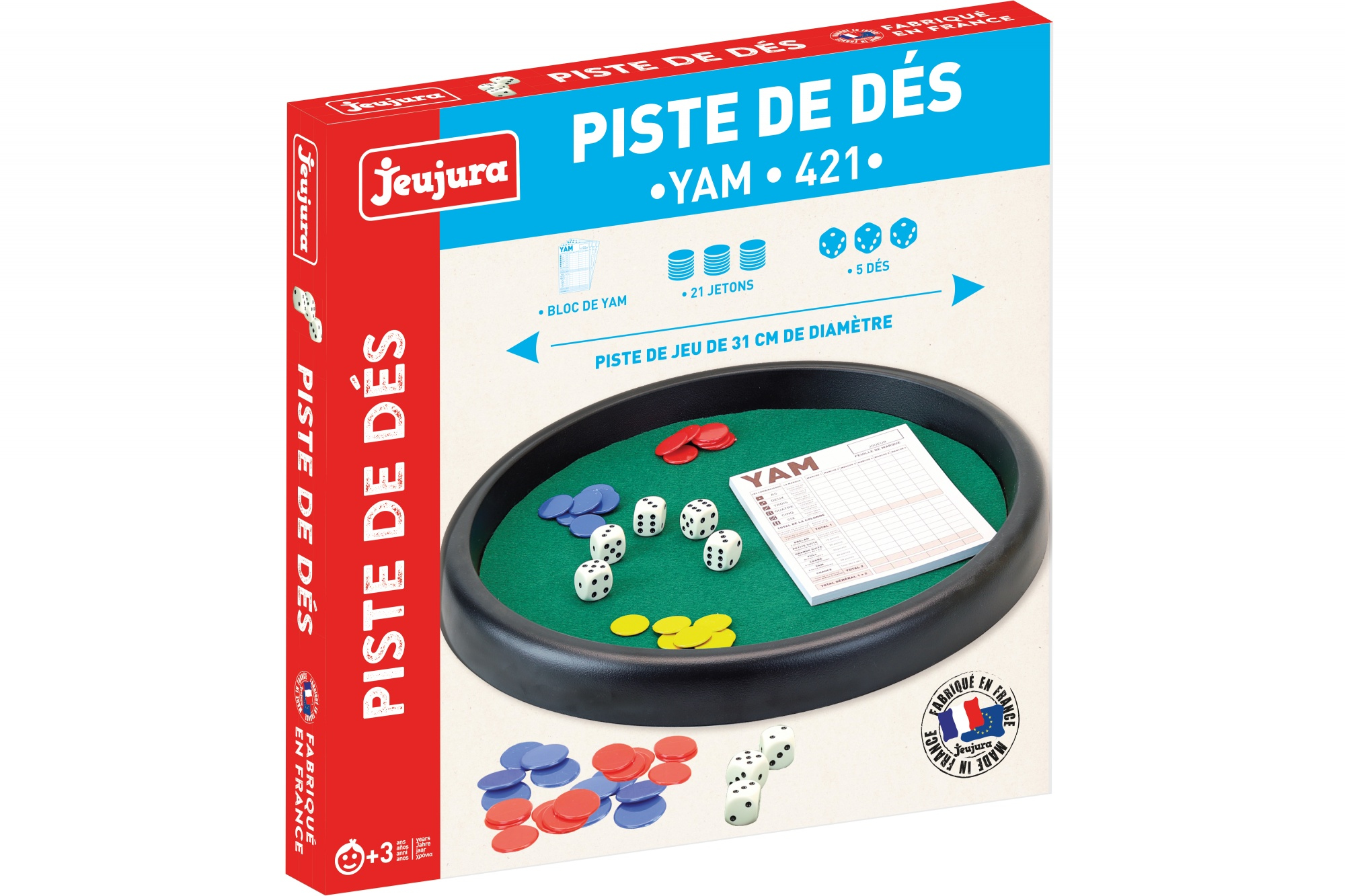 YAM Würfelspiel-Box und Komponenten. Die Box ist rot mit schwarzem Rand, Würfeln und Chips.