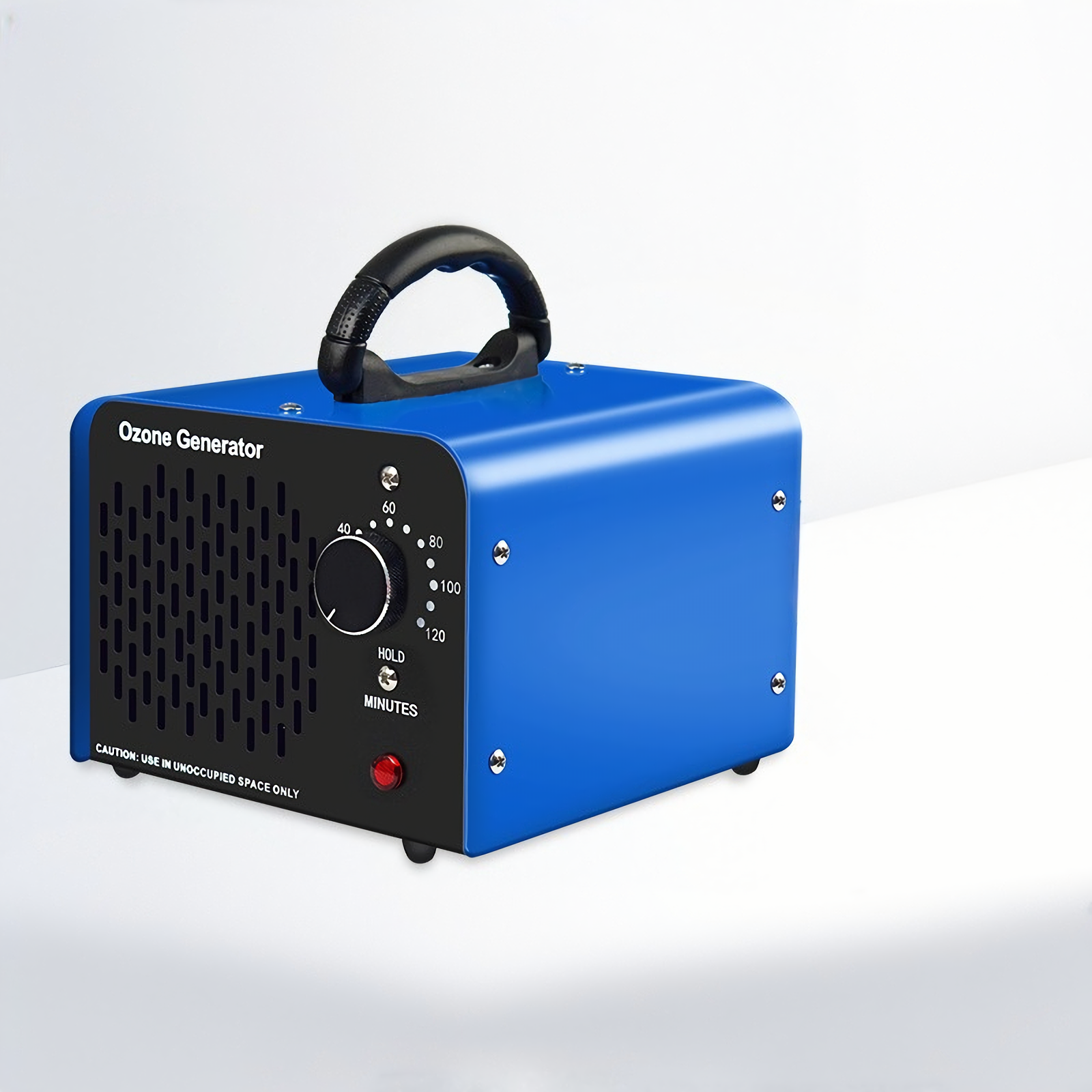 Blauer Ozongenerator mit schwarzem Griff, Lüftungsschlitz und Drehregler. Text: 'VORSICHT: NUR IN UNBELEBTEN RÄUMEN VERWENDEN'.