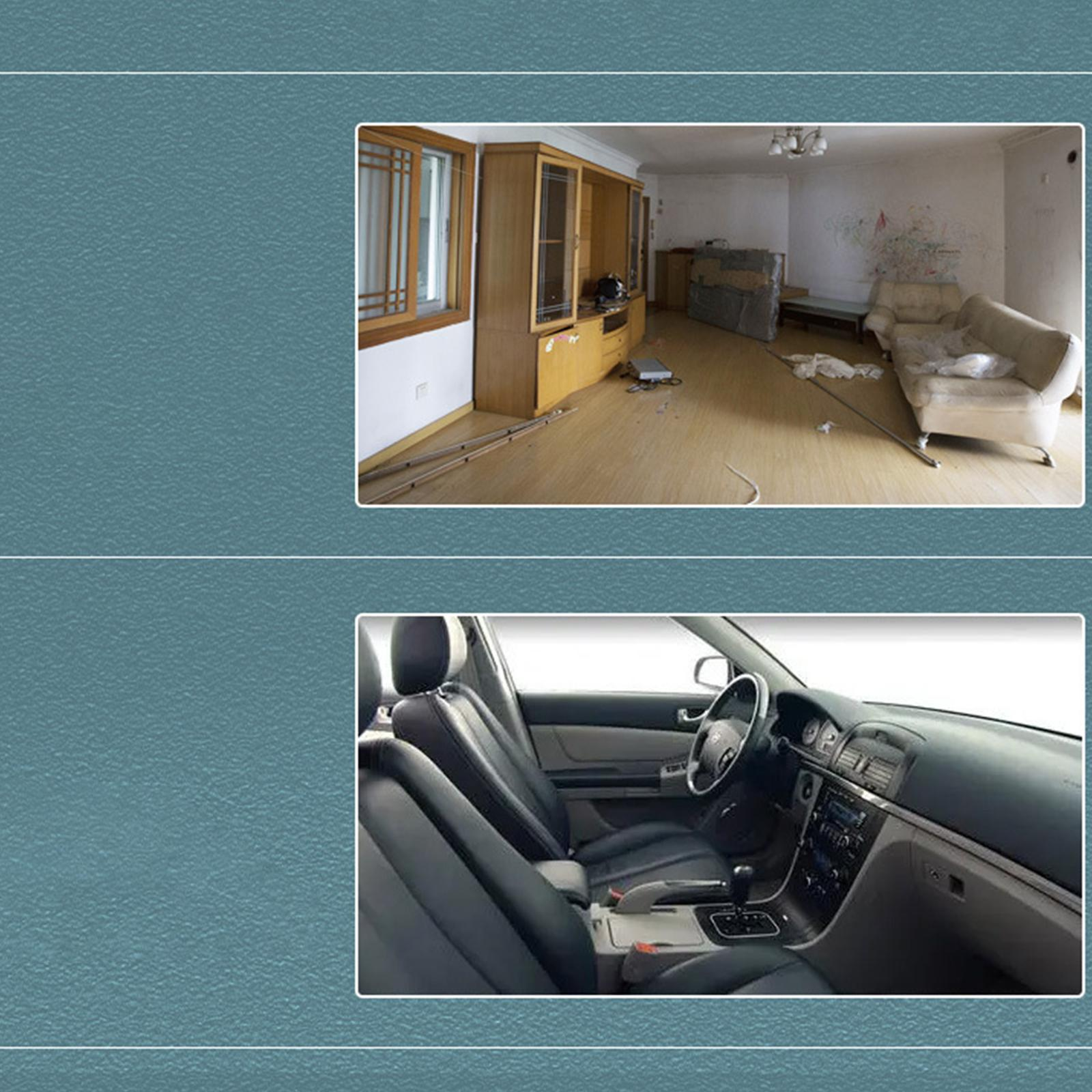 Zwei Bilder, eines von einem unordentlichen Wohnzimmer und das andere vom Innenraum eines Autos, auf strukturiertem Hintergrund.