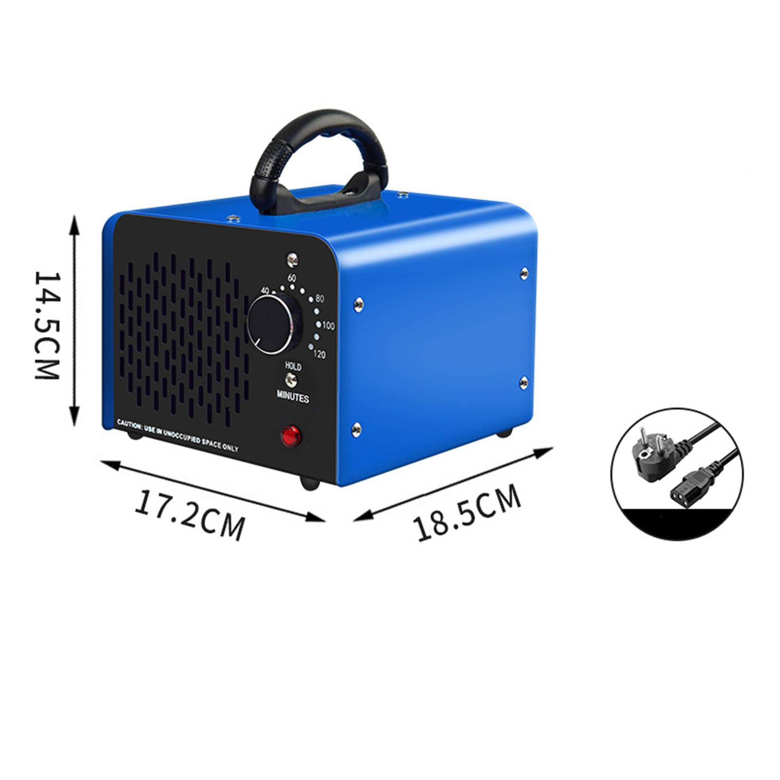 Blauer Ozongenerator mit Griff, Drehregler, Abmessungen und Netzsteckern auf weißem Hintergrund.