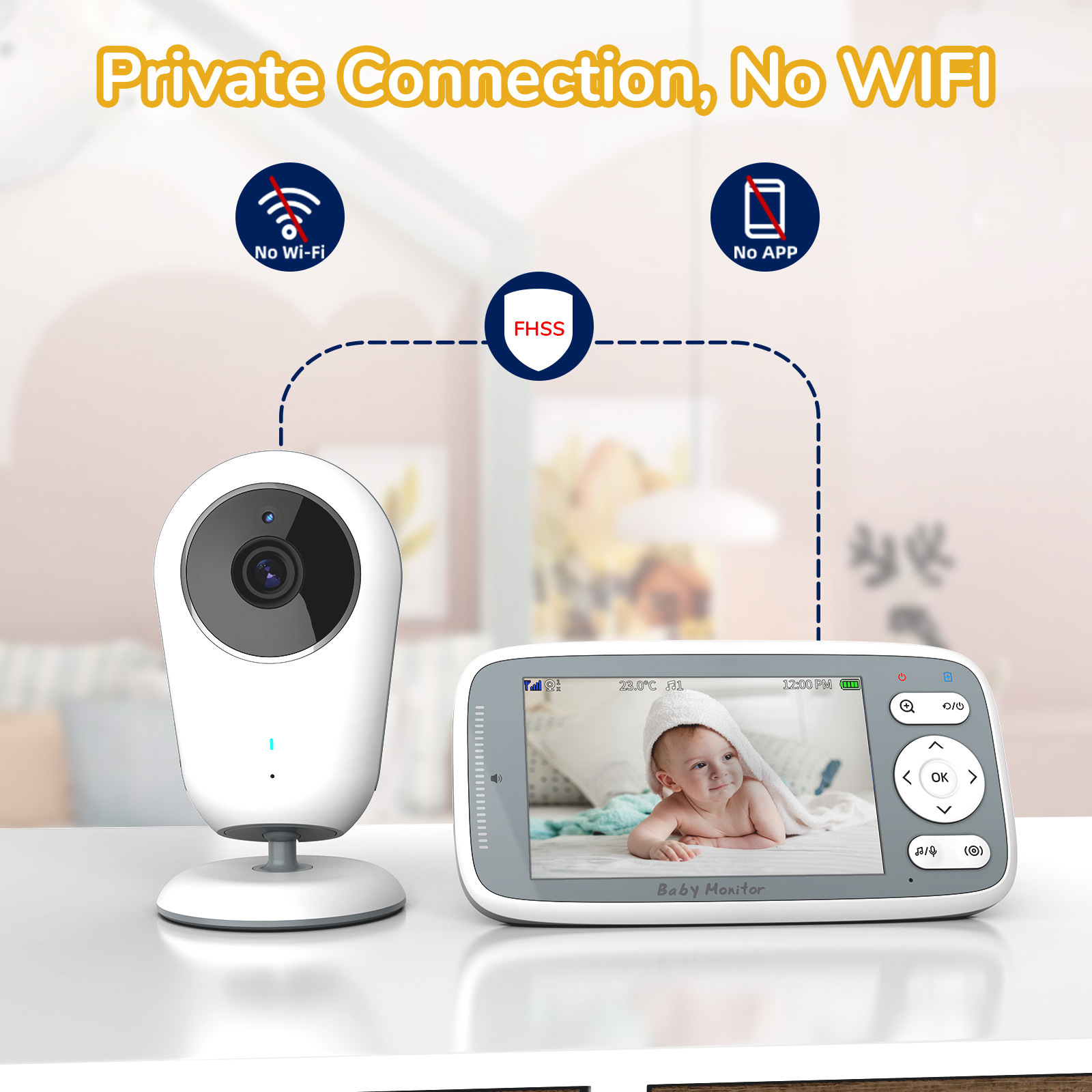 Babyphone mit Kamera, ein Bildschirm zeigt ein Baby.