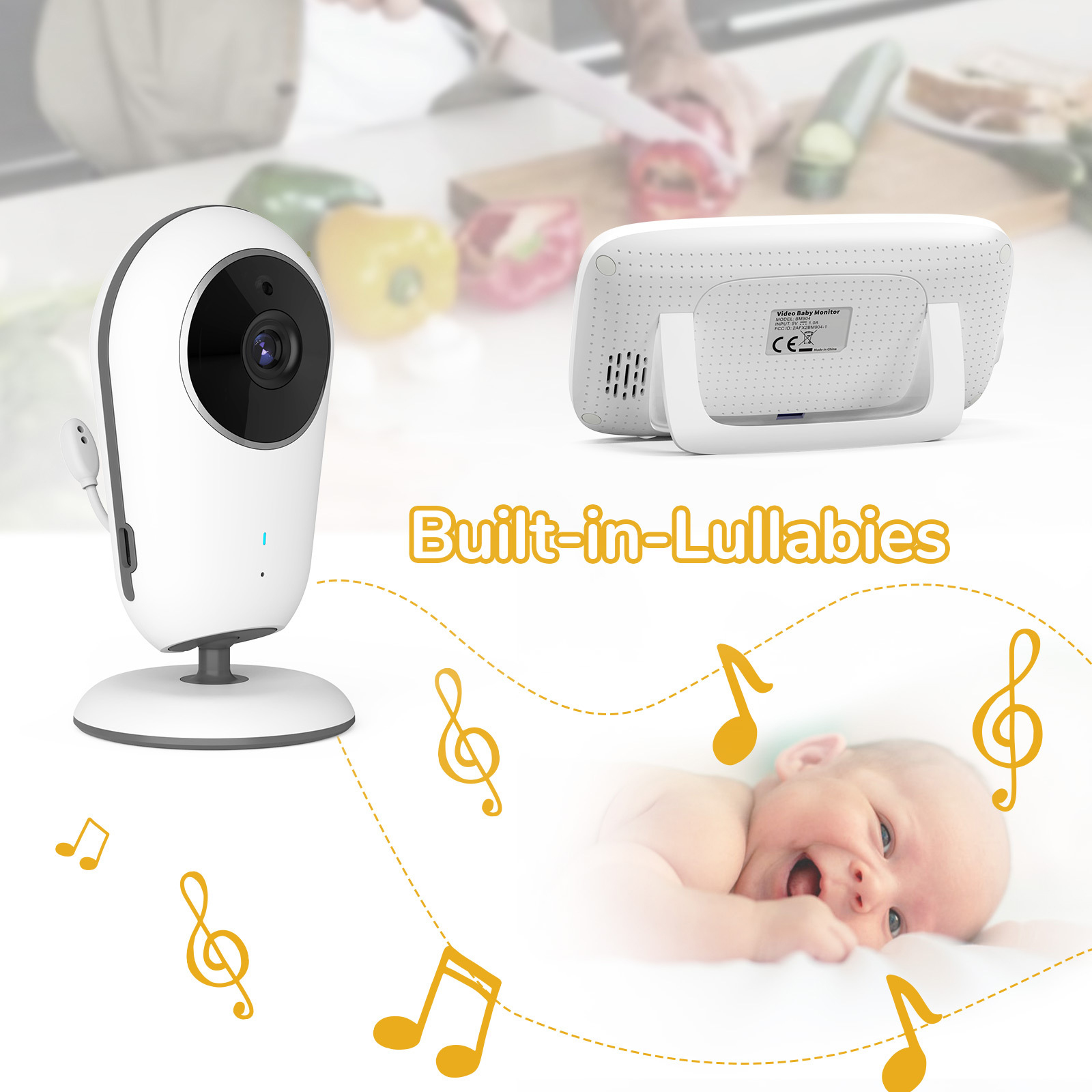 Weißer Baby-Monitor und Kamera mit Noten und einem Baby.