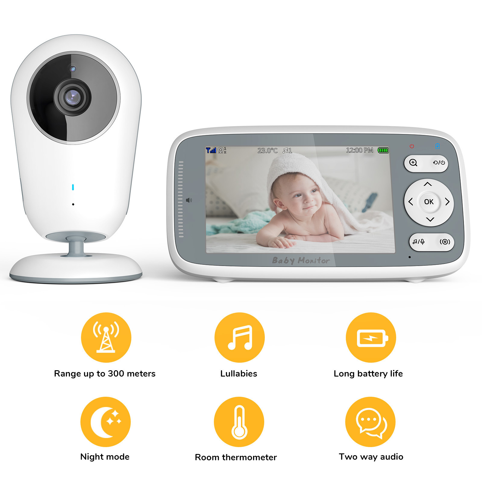 Babyphone: Kamera und Bildschirm mit Baby. Funktionen: Reichweite, Schlaflieder, Akku, Nachtmodus, Thermometer, Zwei-Wege-Audio.
