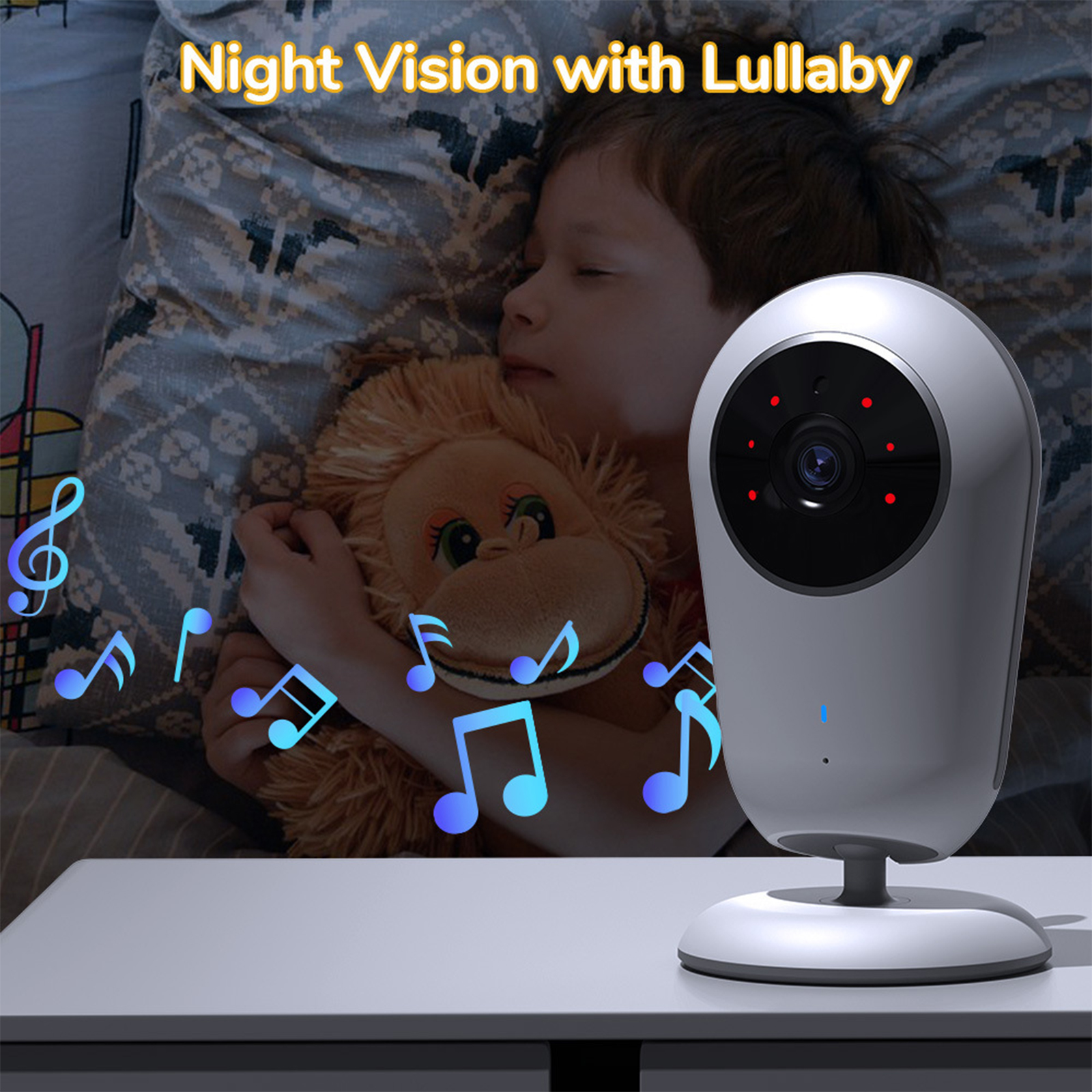 Babyphone-Kamera mit Noten, ein schlafendes Kind.