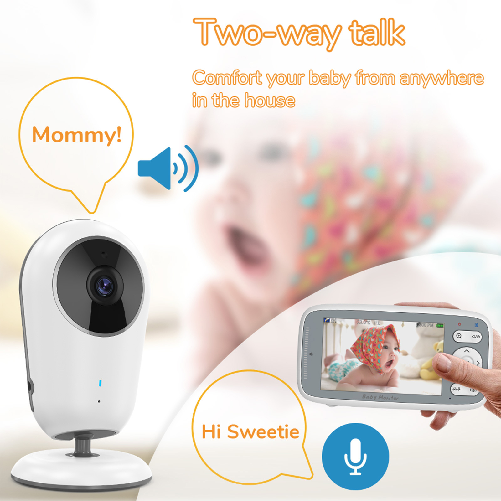 Babyphone mit Kamera und Bildschirm. Auf dem Bildschirm ist ein Baby zu sehen. Text: Zwei-Wege-Gespräch.