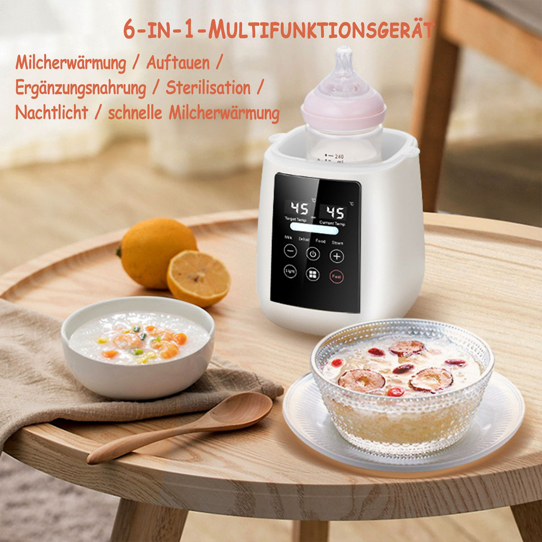 Ein Babyflaschenwärmer mit einer Flasche. Auf einem Holztisch stehen Schüsseln mit Essen und Früchten.