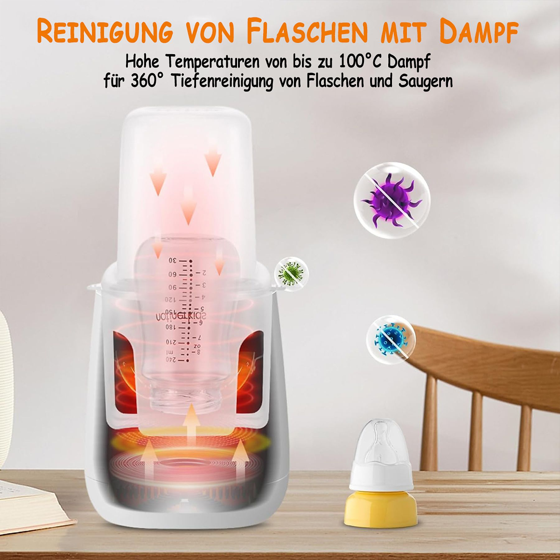 Babyflaschenwärmer mit Flasche, Dampf und Keime zeigend.