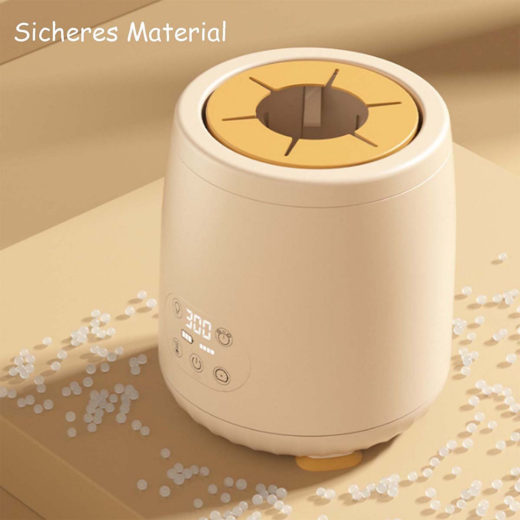 Weiß-beiger Flaschenwärmer mit gelbem Deckel und weißen Perlen.